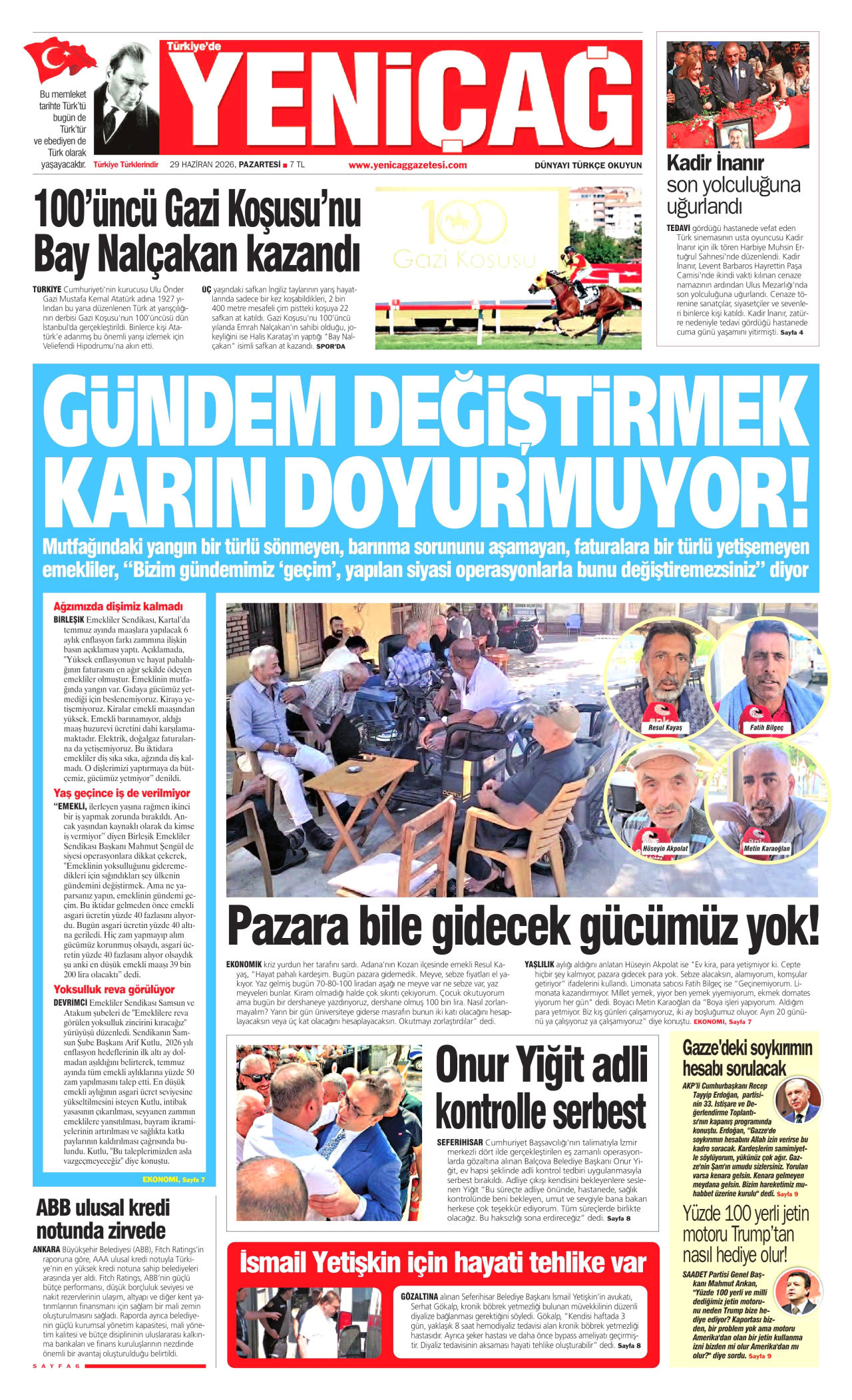 YENİÇAĞ gazetesinin 29 Haziran 2026 tarihli birinci sayfası