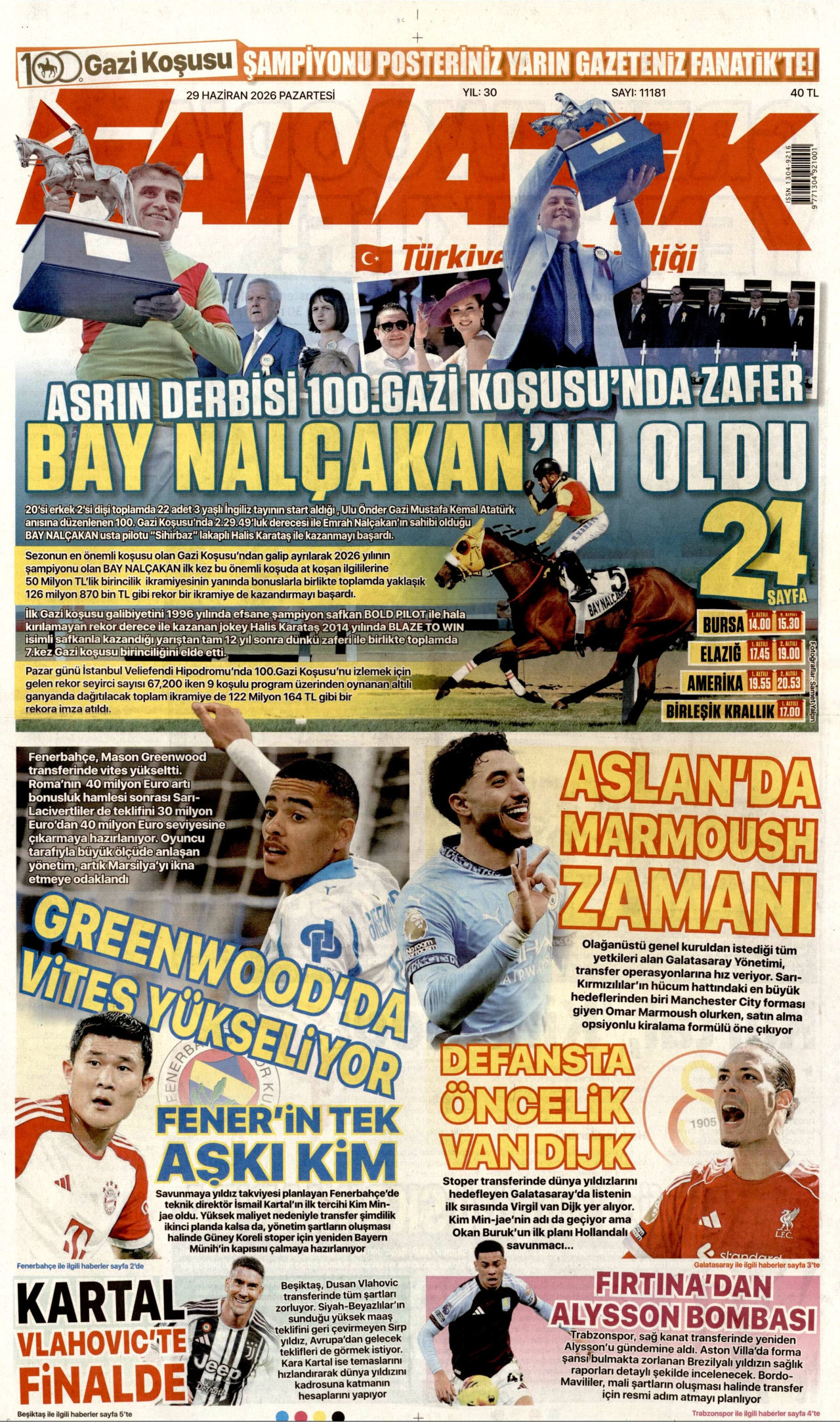 FANATİK gazetesinin 29 Haziran 2026 tarihli birinci sayfası