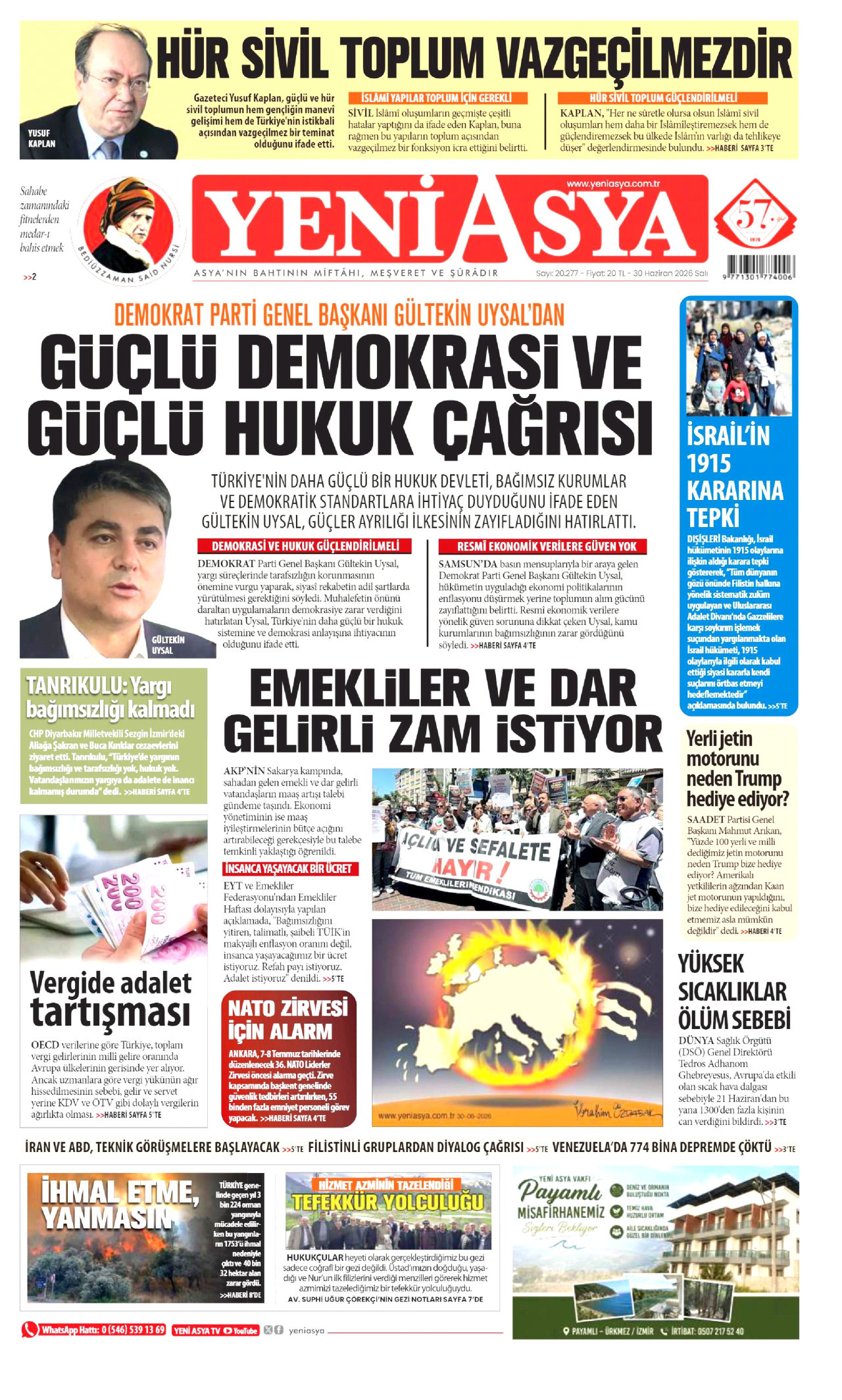 YENİ ASYA gazetesinin 30 Haziran 2026 tarihli birinci sayfası