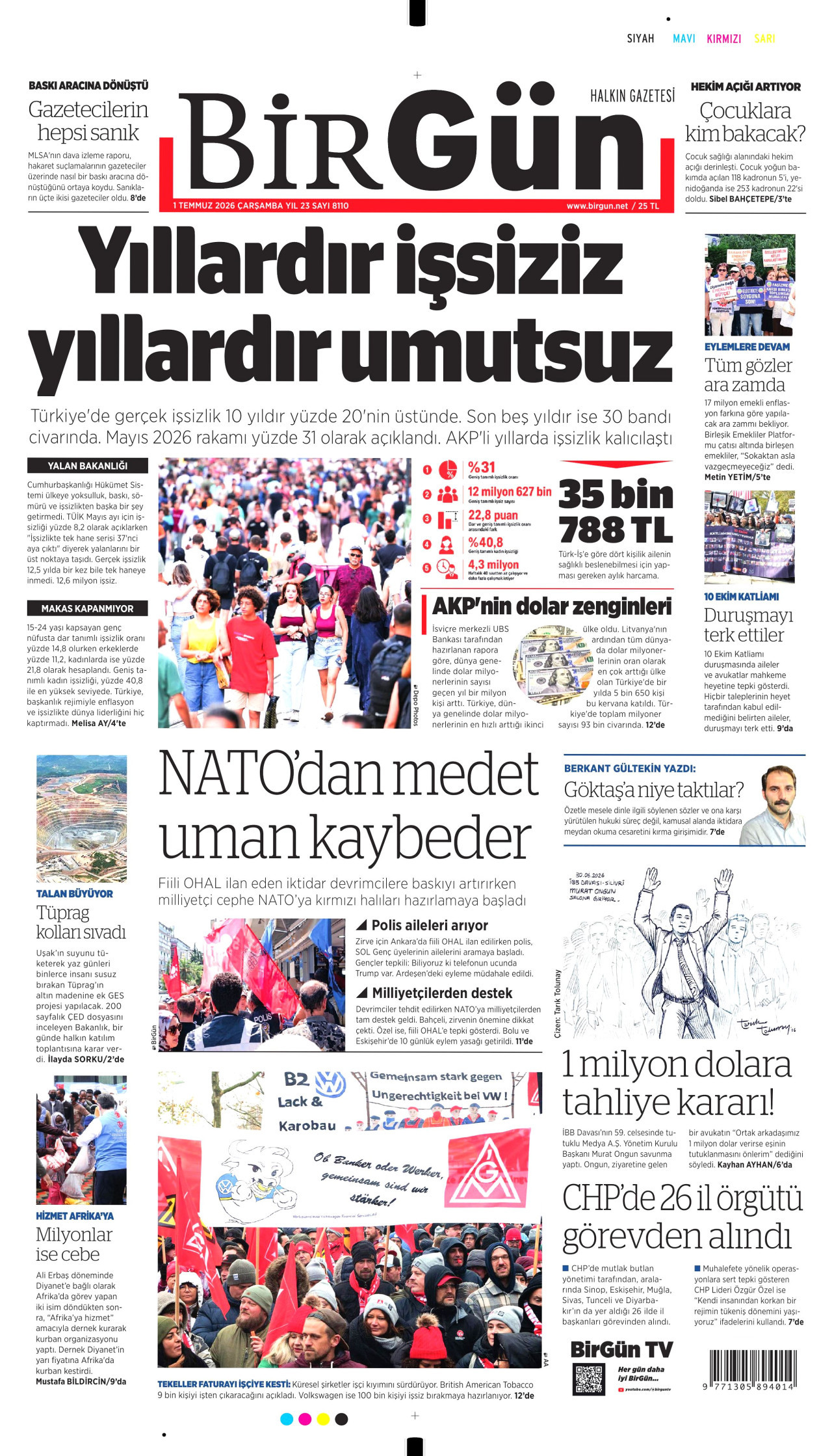 BİRGÜN gazetesinin 1 Temmuz 2026 tarihli birinci sayfası
