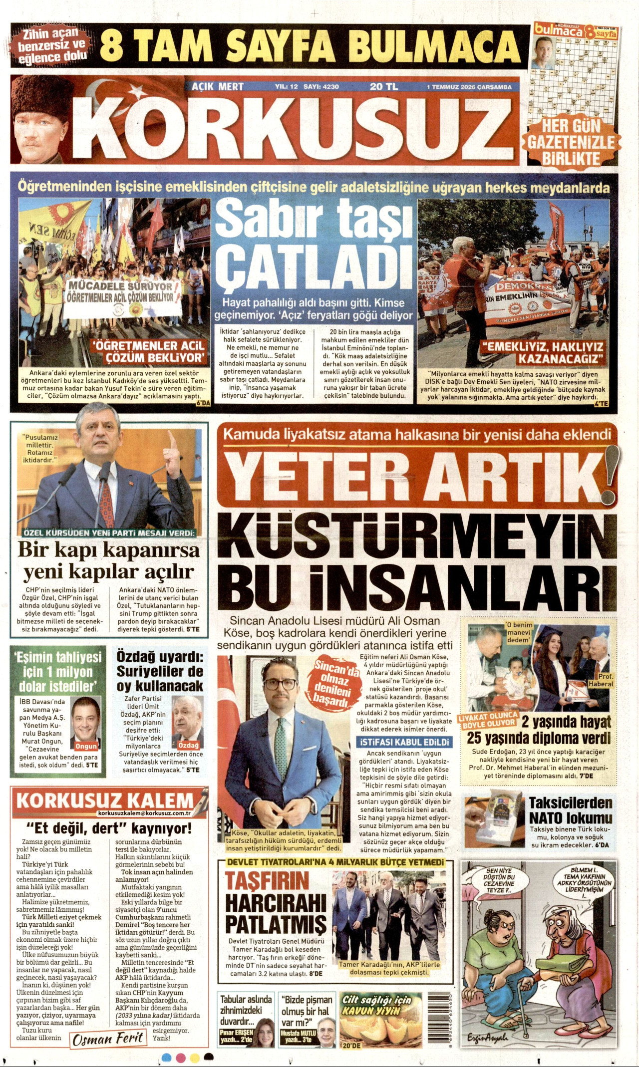 KORKUSUZ gazetesinin 1 Temmuz 2026 tarihli birinci sayfası