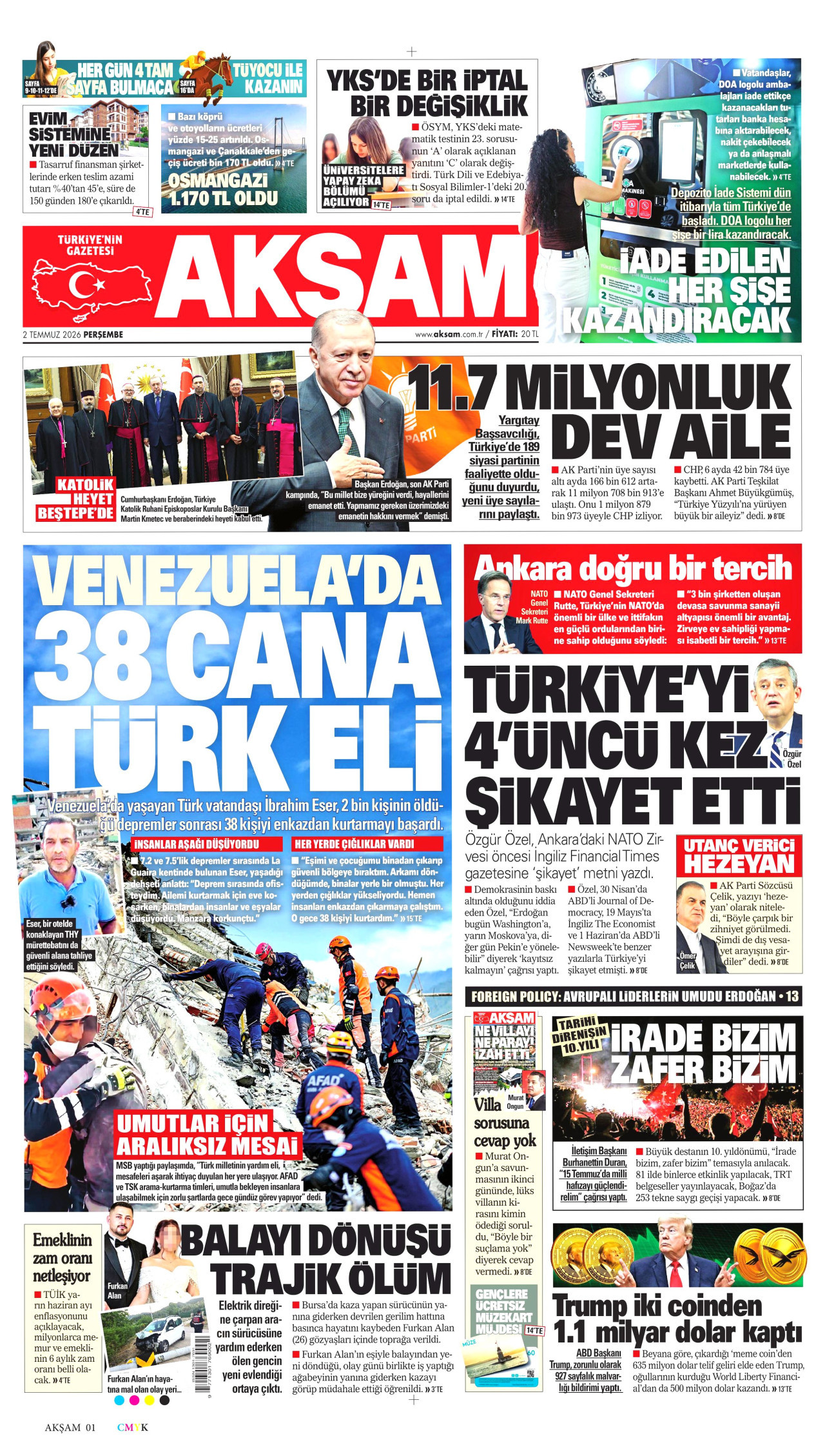 AKŞAM gazetesinin 2 Temmuz 2026 tarihli birinci sayfası