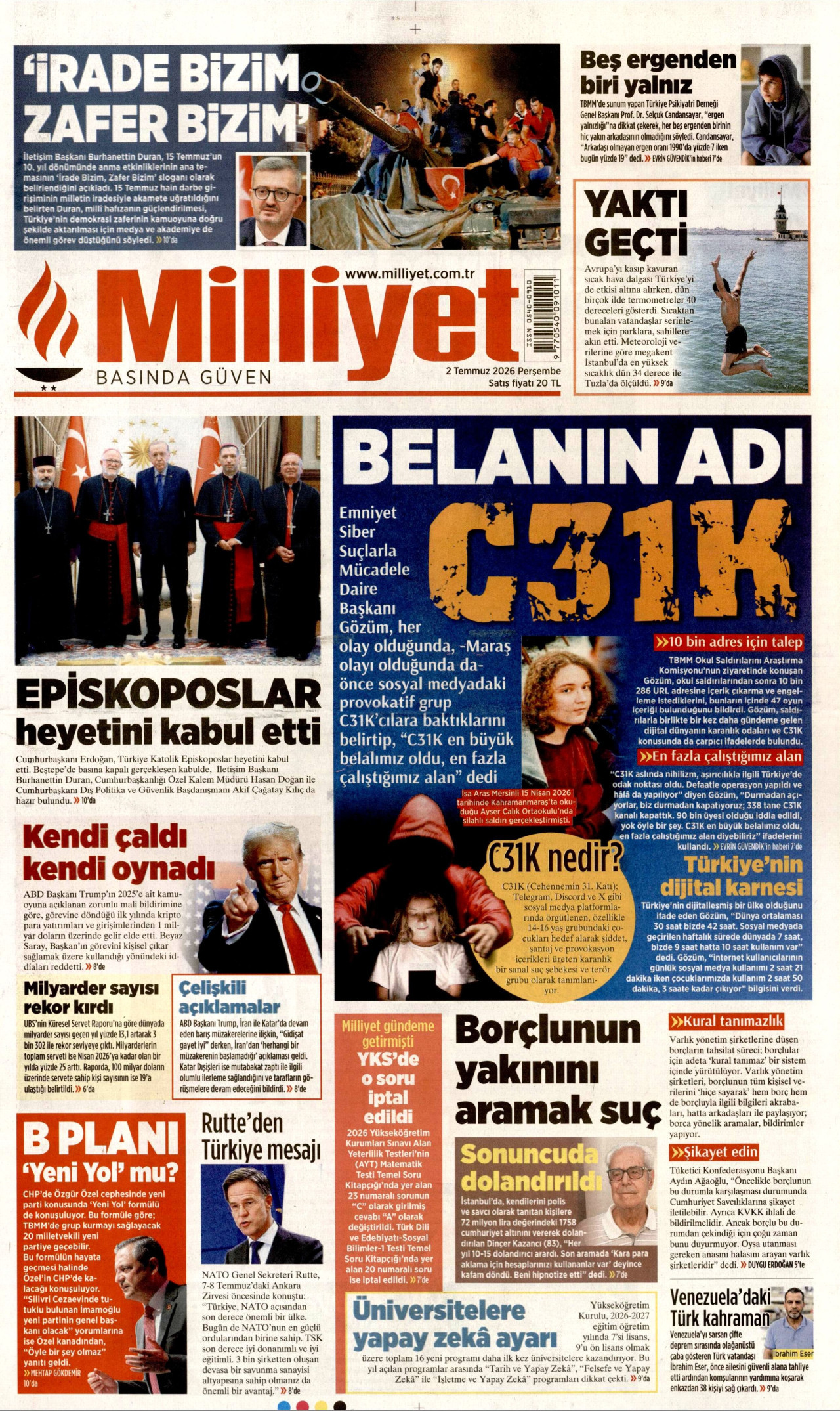 MİLLİYET gazetesinin 2 Temmuz 2026 tarihli birinci sayfası