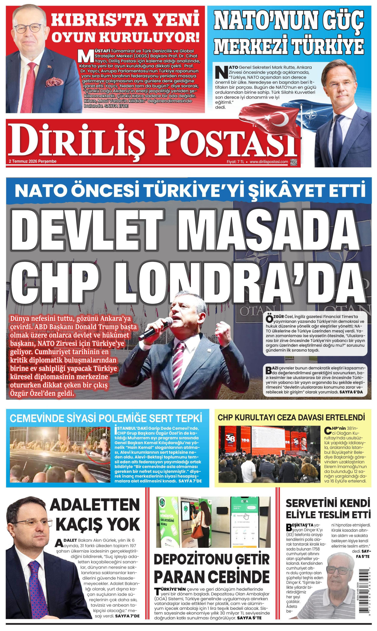DİRİLİŞ POSTASI gazetesinin 2 Temmuz 2026 tarihli birinci sayfası