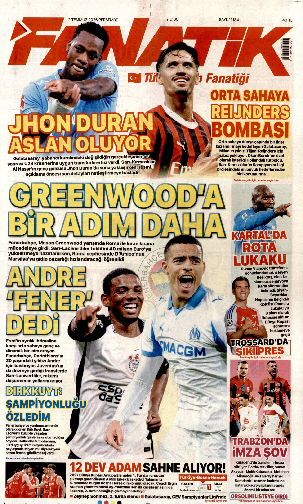 FANATİK gazetesinin 2 Temmuz 2026 tarihli birinci sayfası