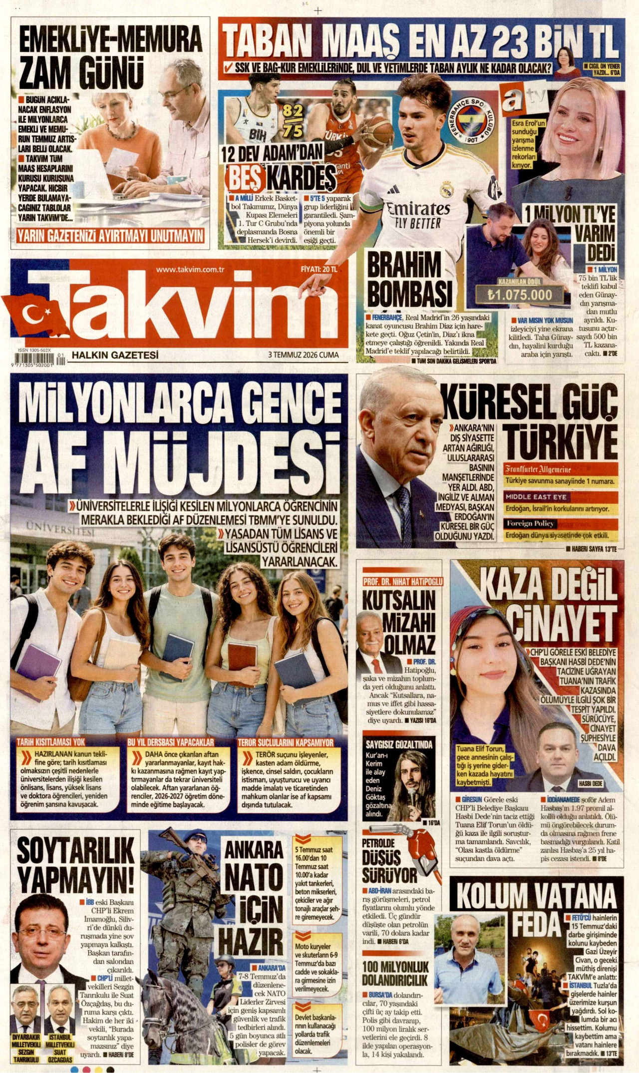 TAKVİM gazetesinin 3 Temmuz 2026 tarihli birinci sayfası