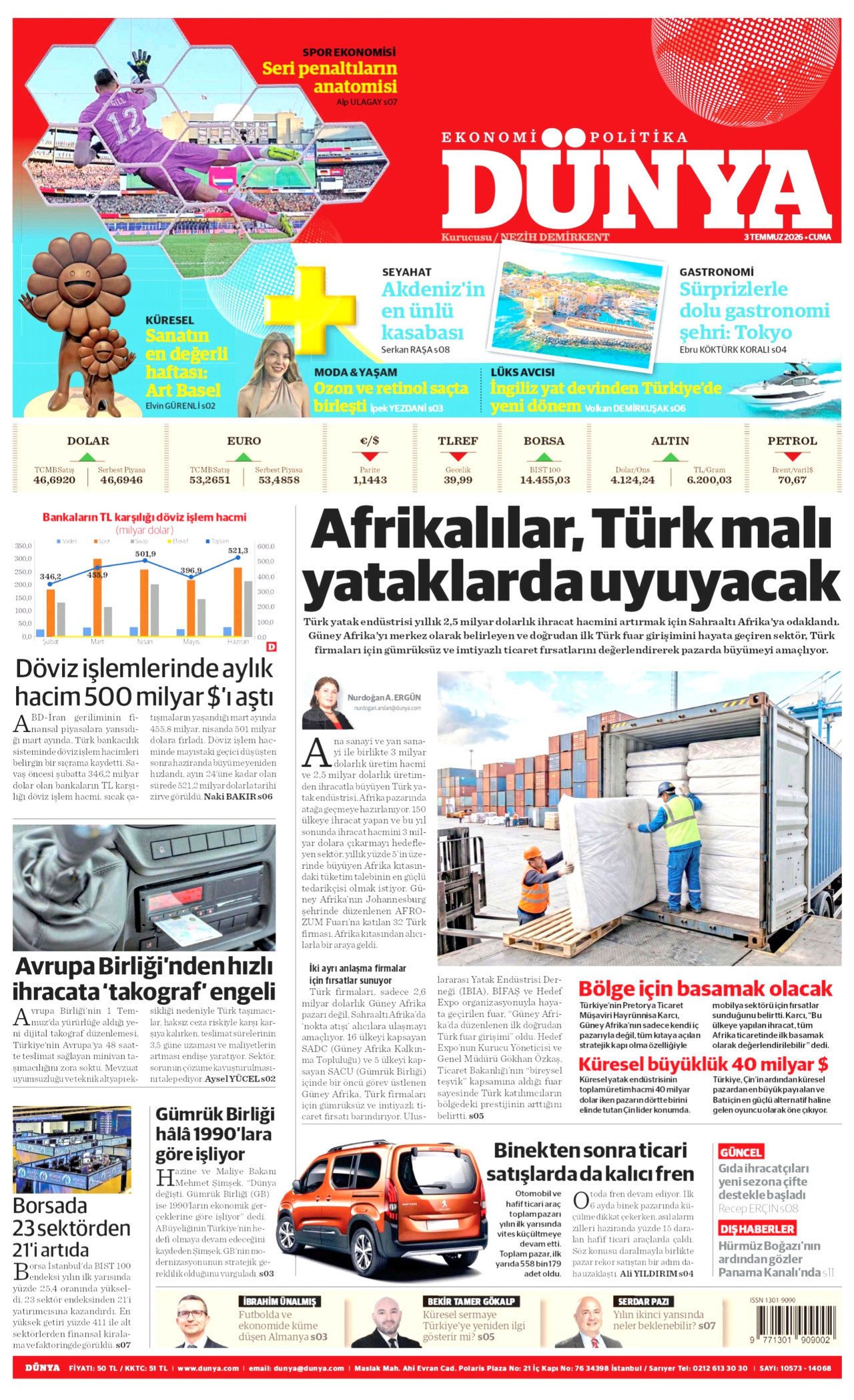 DÜNYA gazetesinin 3 Temmuz 2026 tarihli birinci sayfası