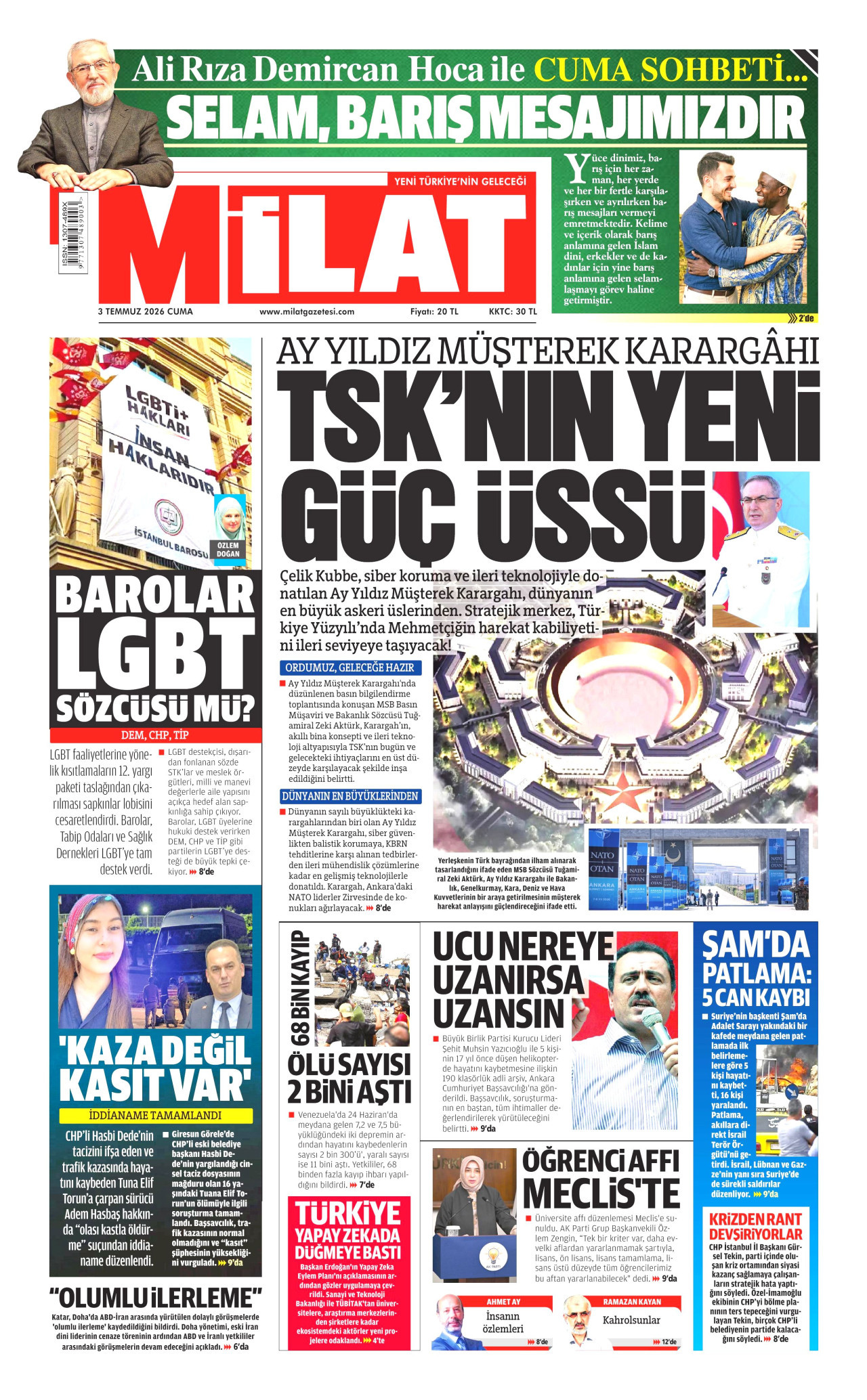 MİLAT gazetesinin 3 Temmuz 2026 tarihli birinci sayfası