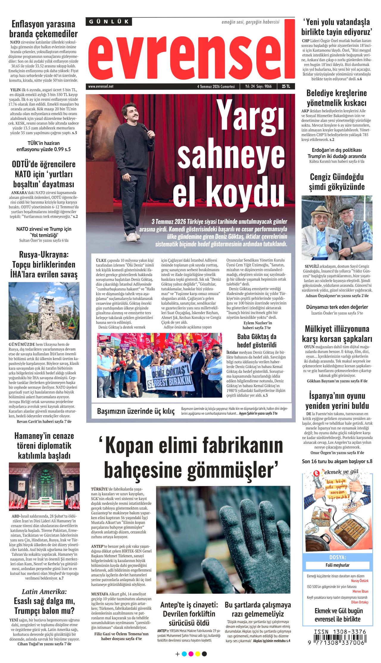 EVRENSEL gazetesinin 4 Temmuz 2026 tarihli birinci sayfası