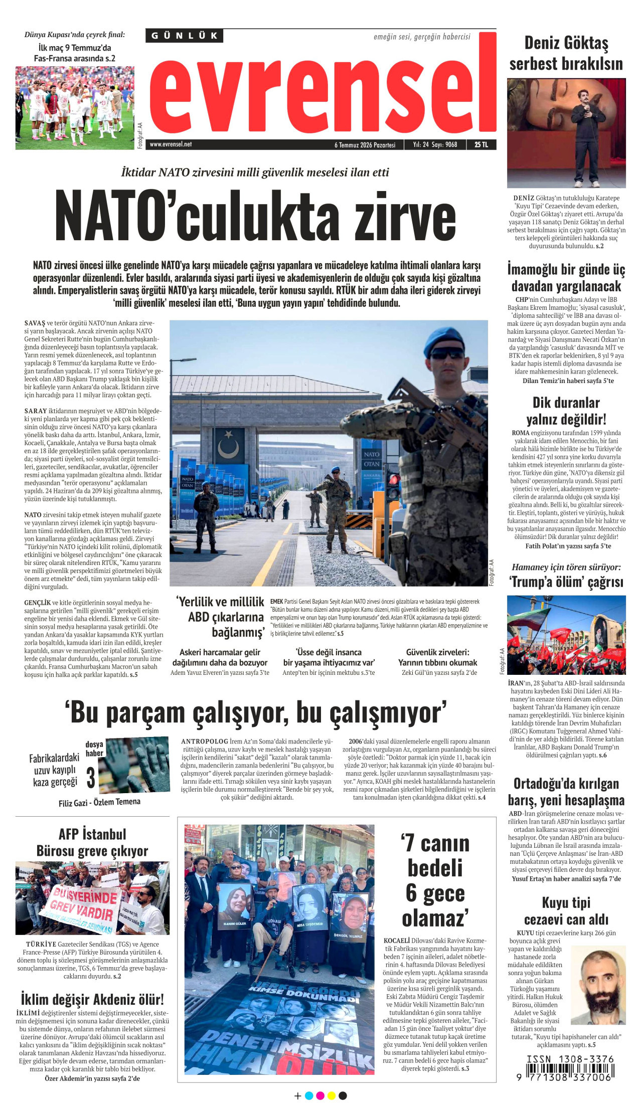 EVRENSEL gazetesinin 6 Temmuz 2026 tarihli birinci sayfası