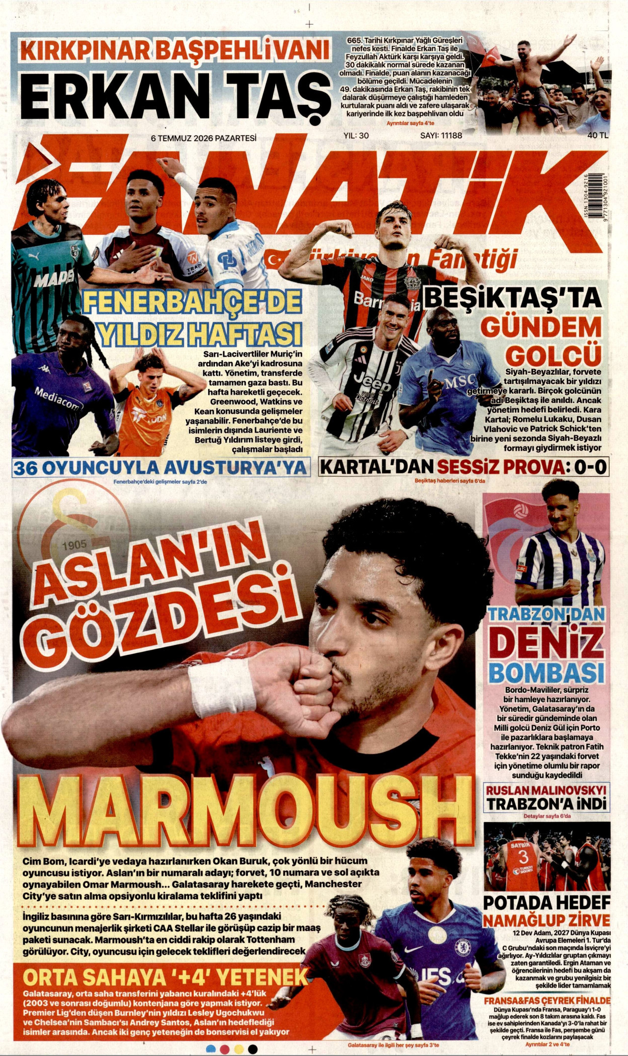 FANATİK gazetesinin 6 Temmuz 2026 tarihli birinci sayfası