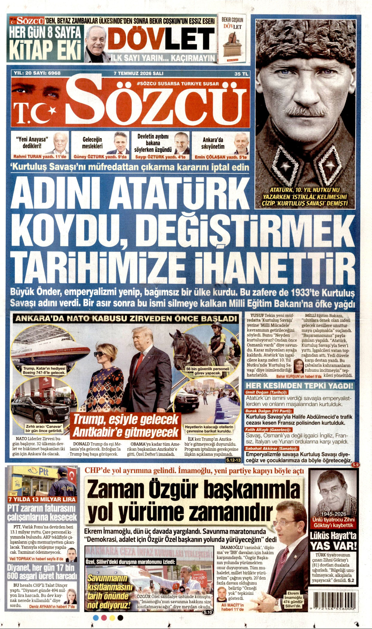 SÖZCÜ gazetesinin 7 Temmuz 2026 tarihli birinci sayfası