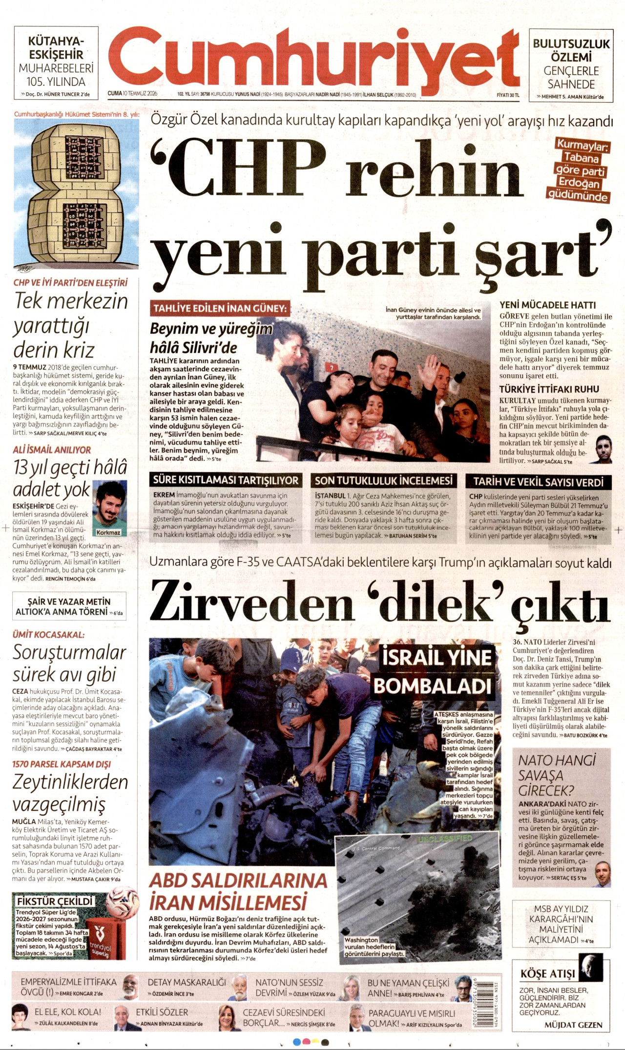 CUMHURİYET gazetesinin 10 Temmuz 2026 tarihli birinci sayfası