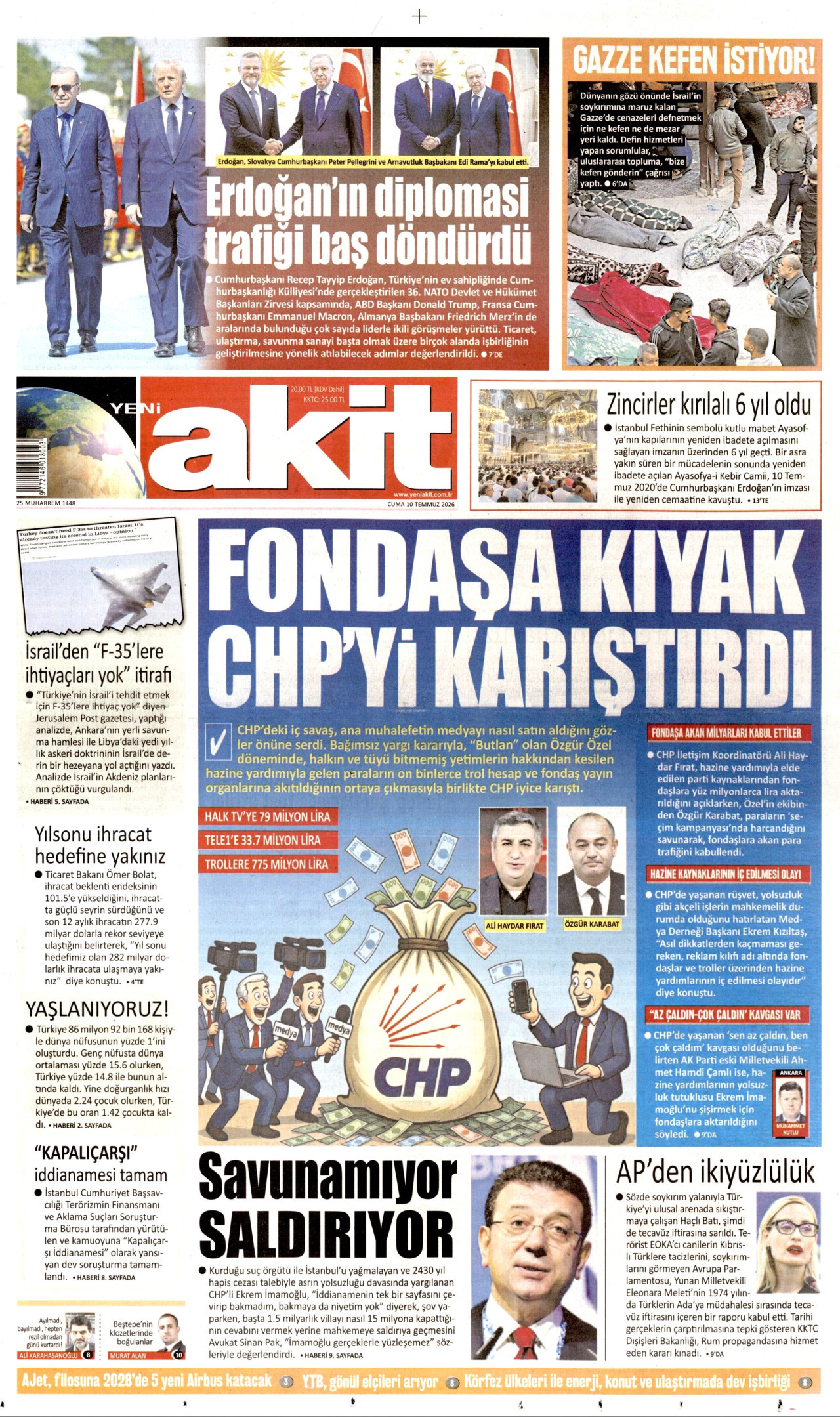 YENİ AKİT gazetesinin 10 Temmuz 2026 tarihli birinci sayfası
