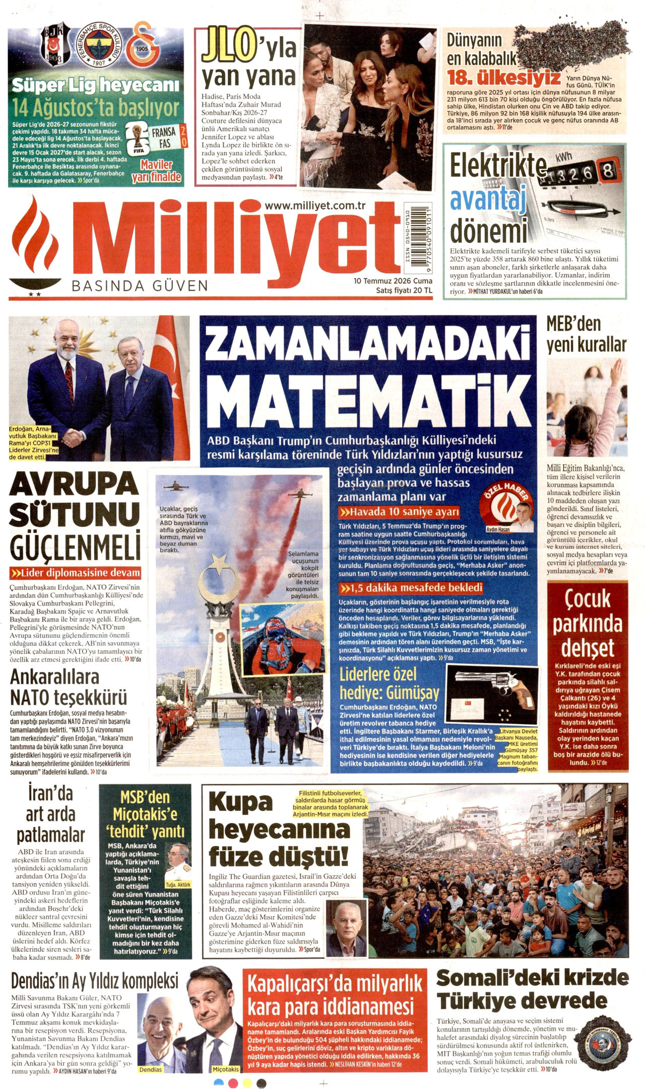 MİLLİYET gazetesinin 10 Temmuz 2026 tarihli birinci sayfası