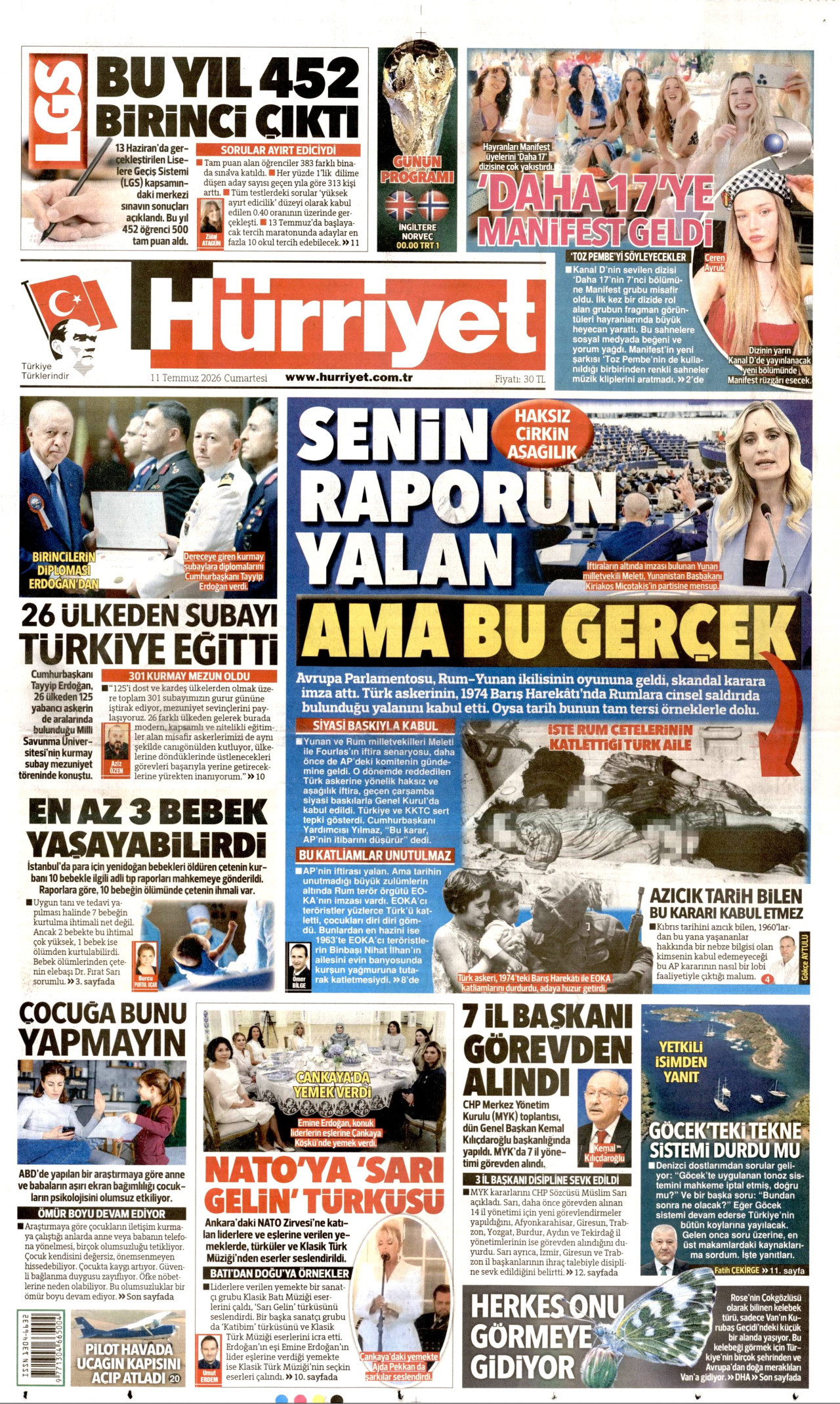 HÜRRİYET gazetesinin 11 Temmuz 2026 tarihli birinci sayfası
