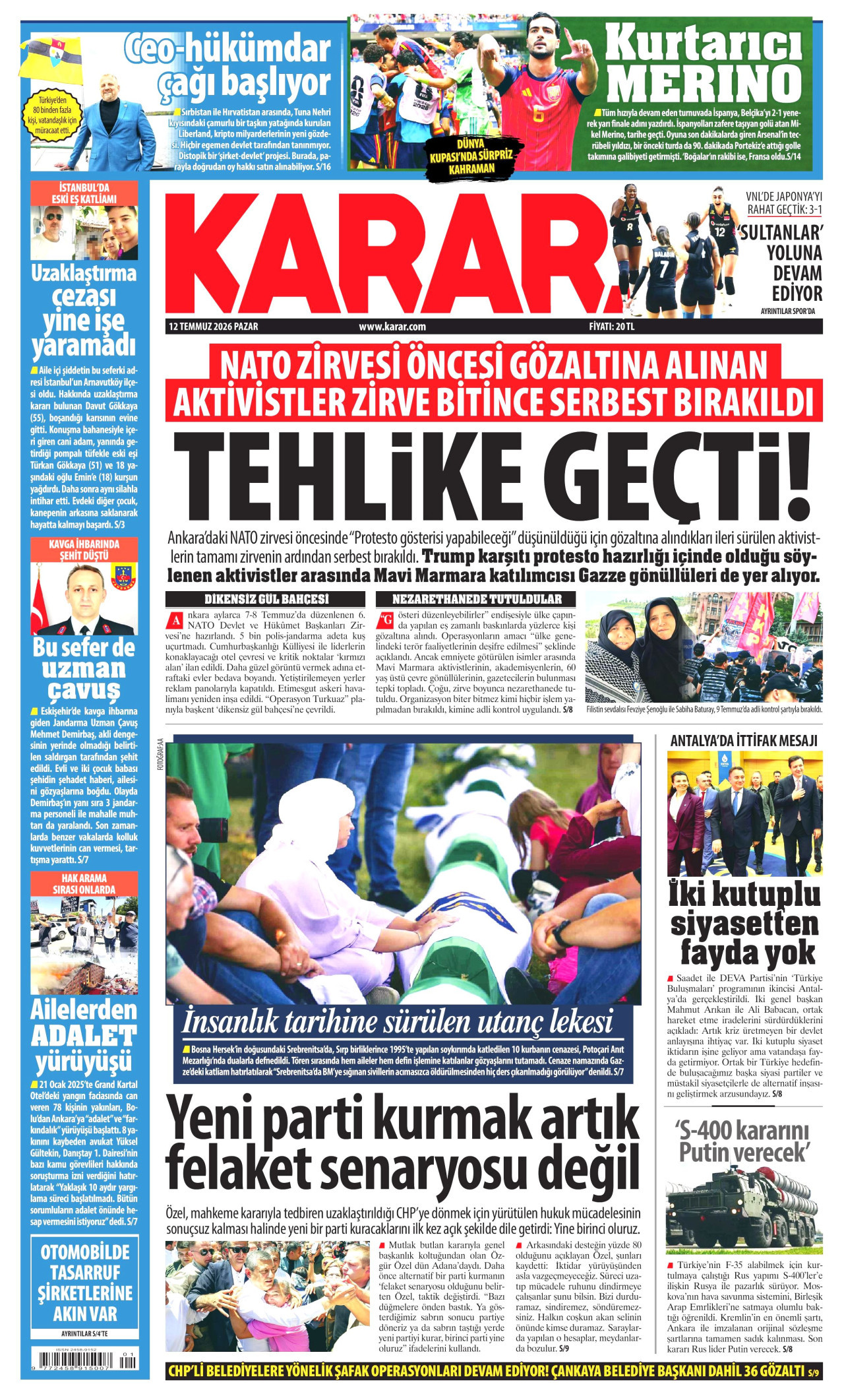 KARAR gazetesinin 12 Temmuz 2026 tarihli birinci sayfası