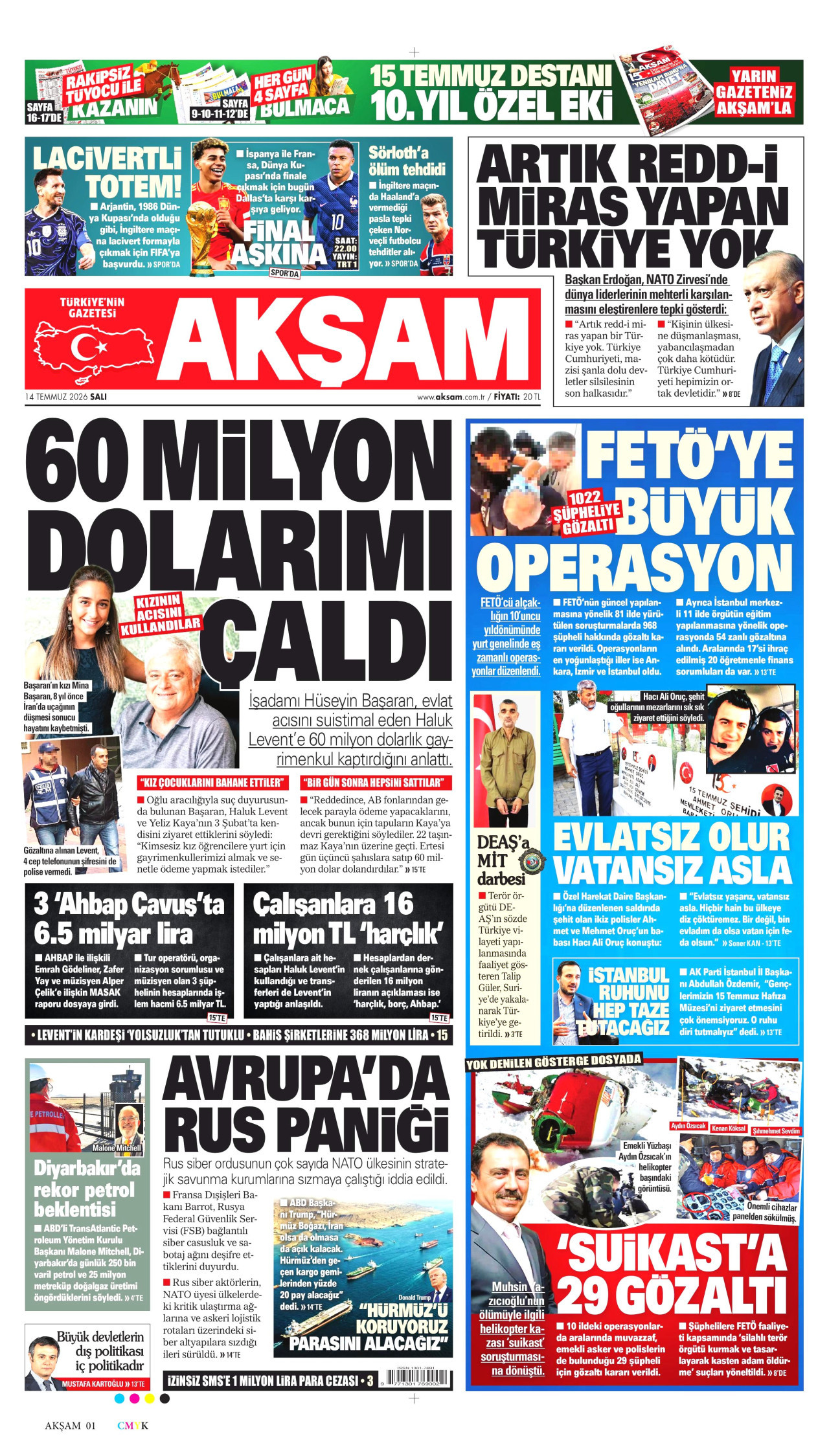 AKŞAM gazetesinin 14 Temmuz 2026 tarihli birinci sayfası
