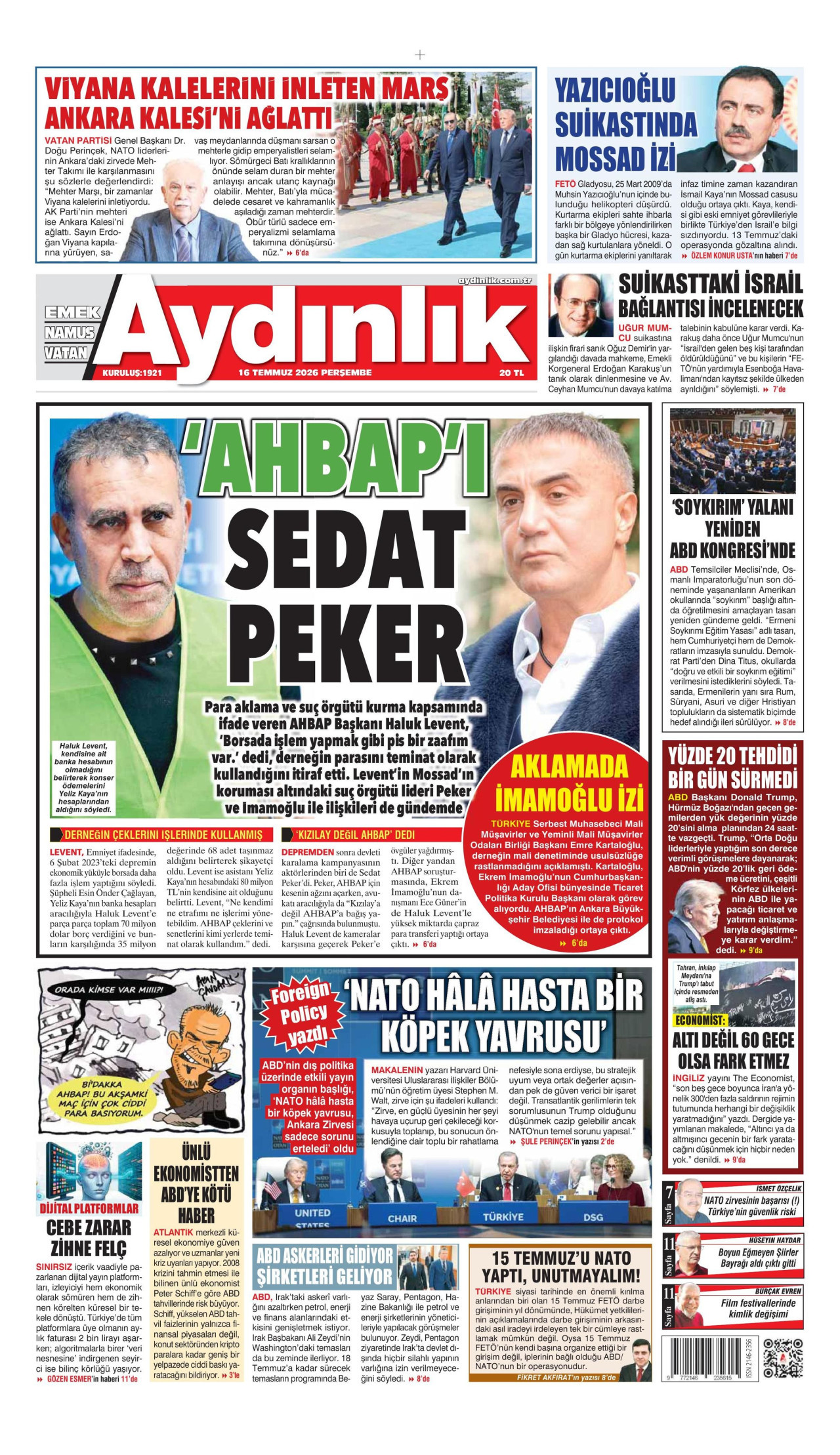 AYDINLIK GAZETESİ gazetesinin 16 Temmuz 2026 tarihli birinci sayfası
