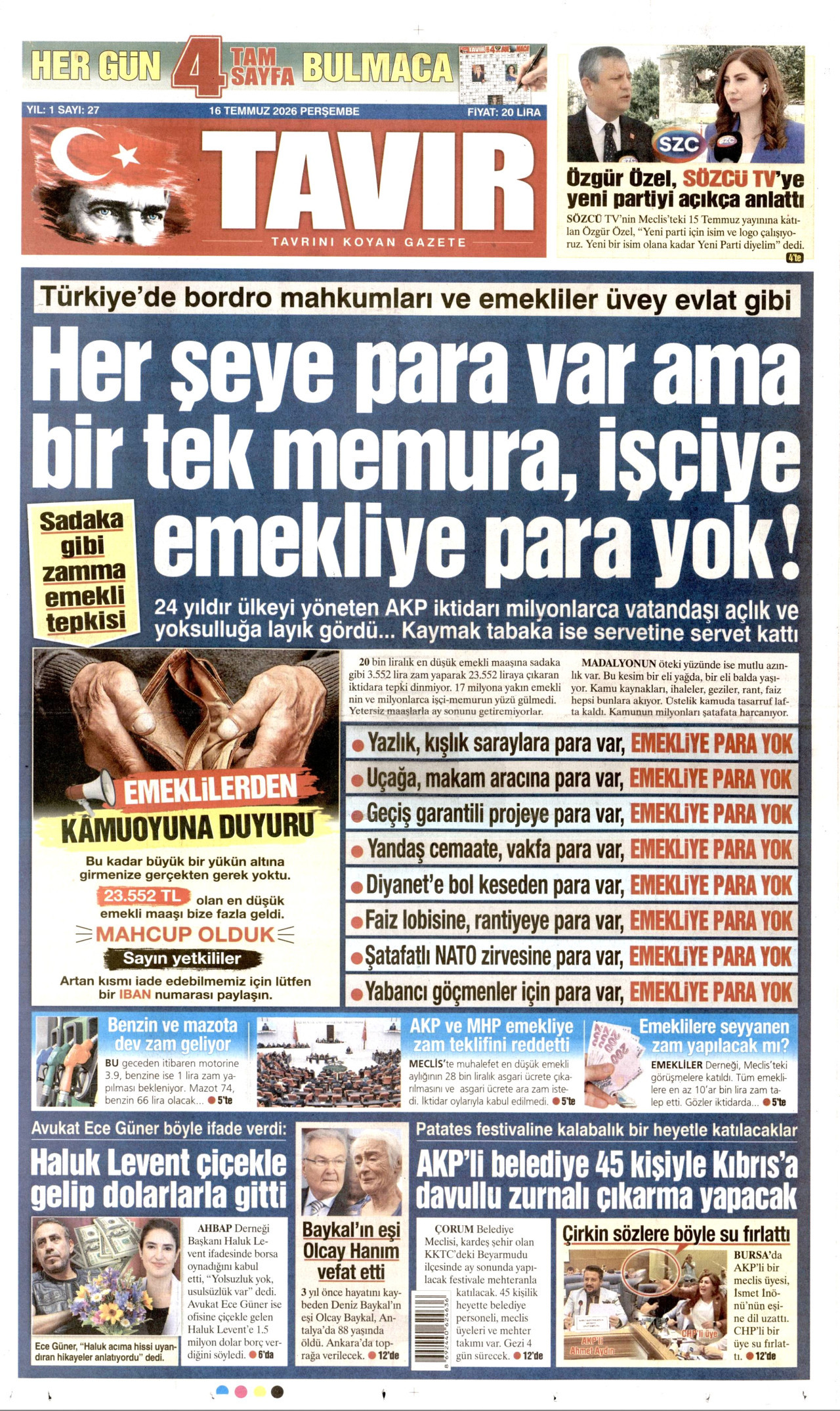 TAVIR GAZETESİ gazetesinin 16 Temmuz 2026 tarihli birinci sayfası