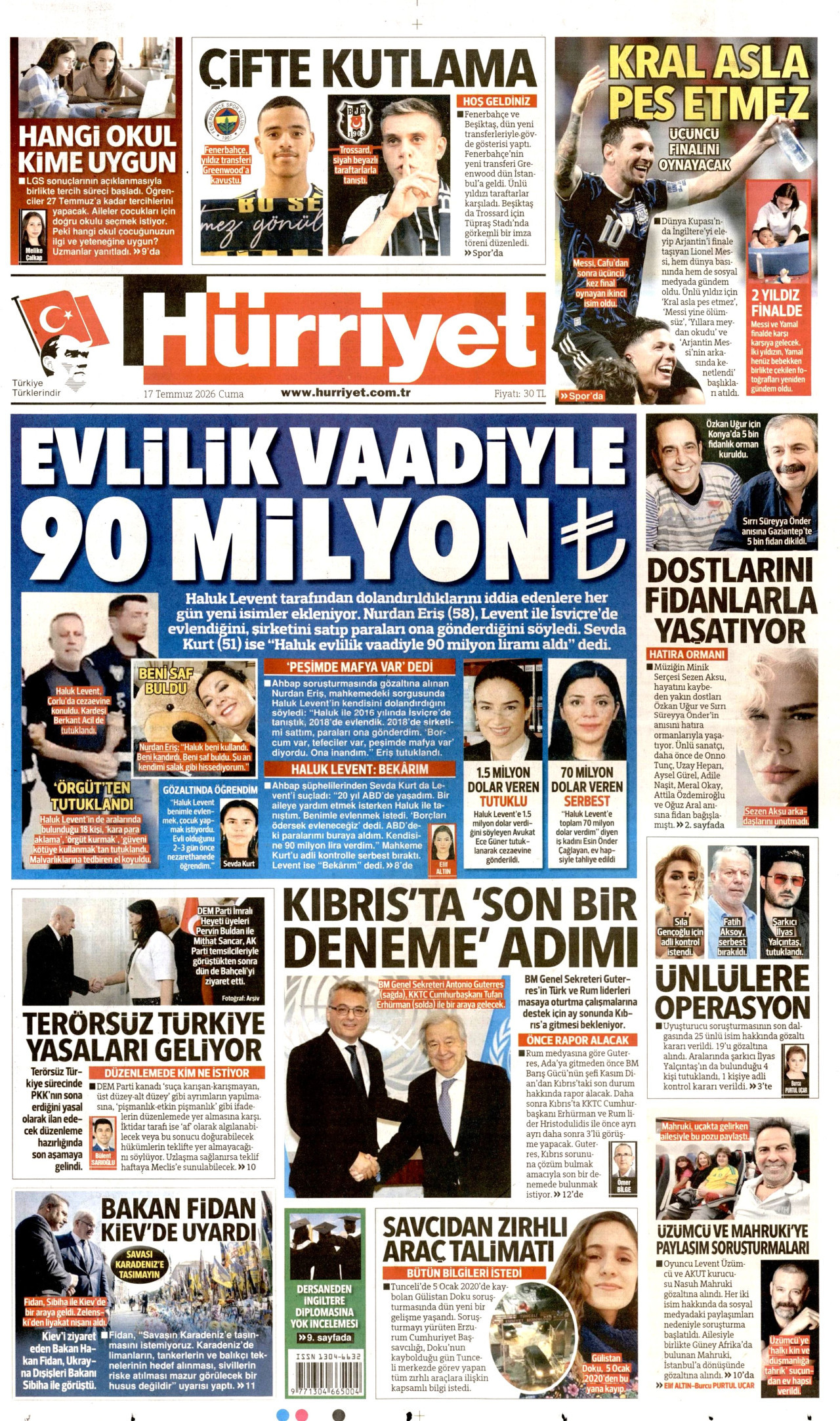 HÜRRİYET gazetesinin 17 Temmuz 2026 tarihli birinci sayfası