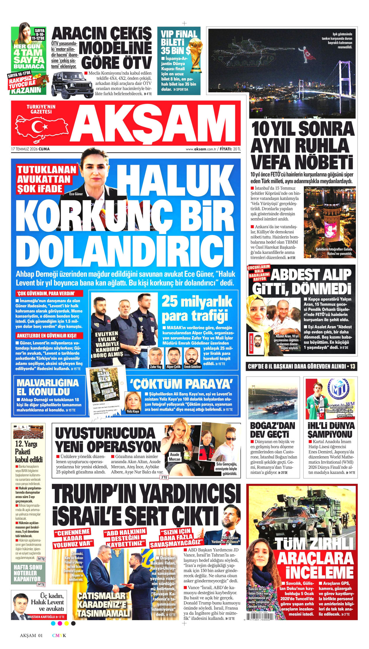 AKŞAM gazetesinin 17 Temmuz 2026 tarihli birinci sayfası
