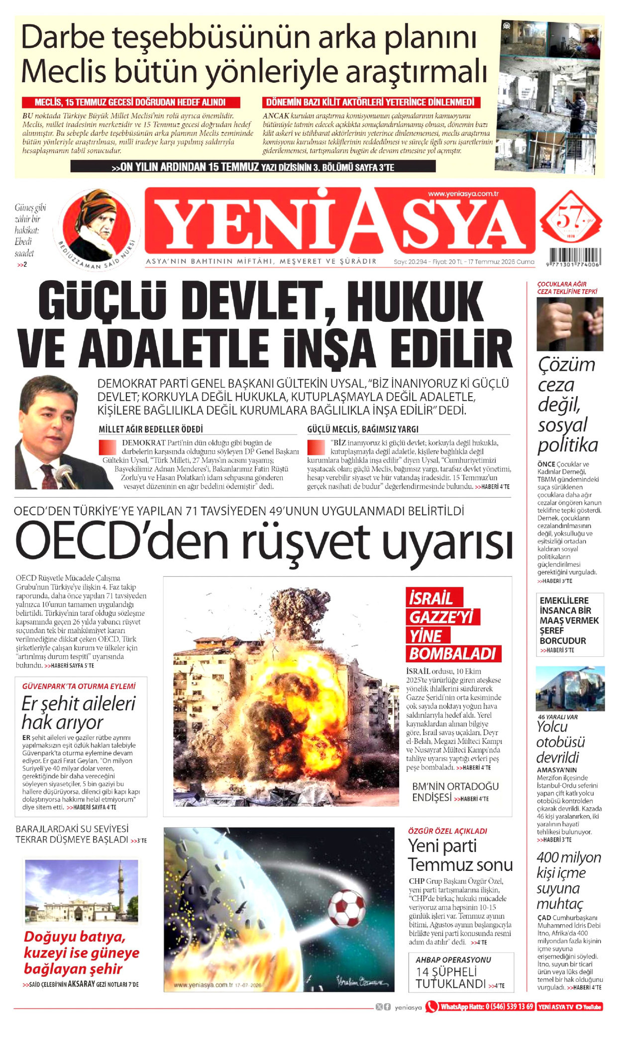 YENİ ASYA gazetesinin 17 Temmuz 2026 tarihli birinci sayfası