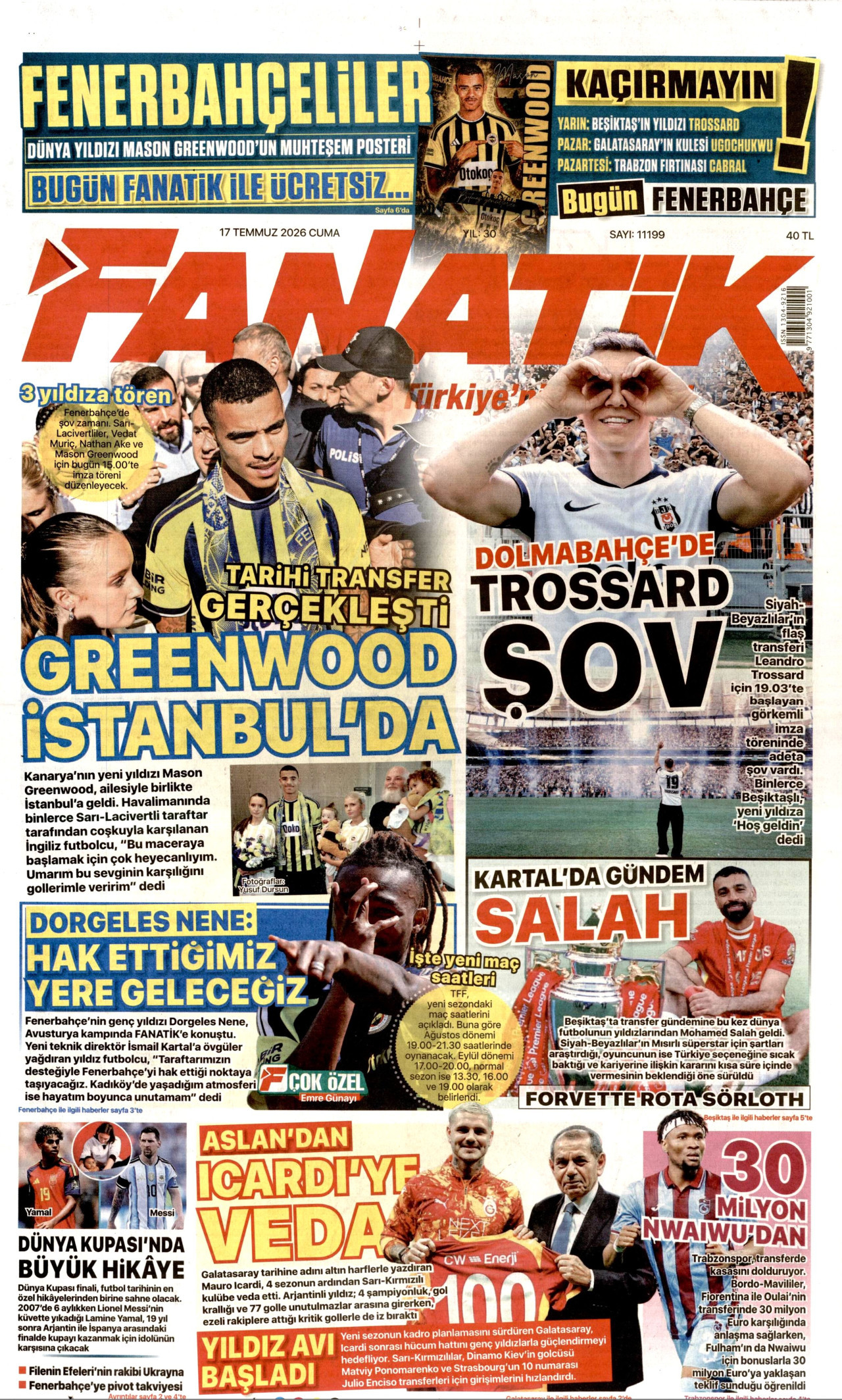 FANATİK gazetesinin 17 Temmuz 2026 tarihli birinci sayfası