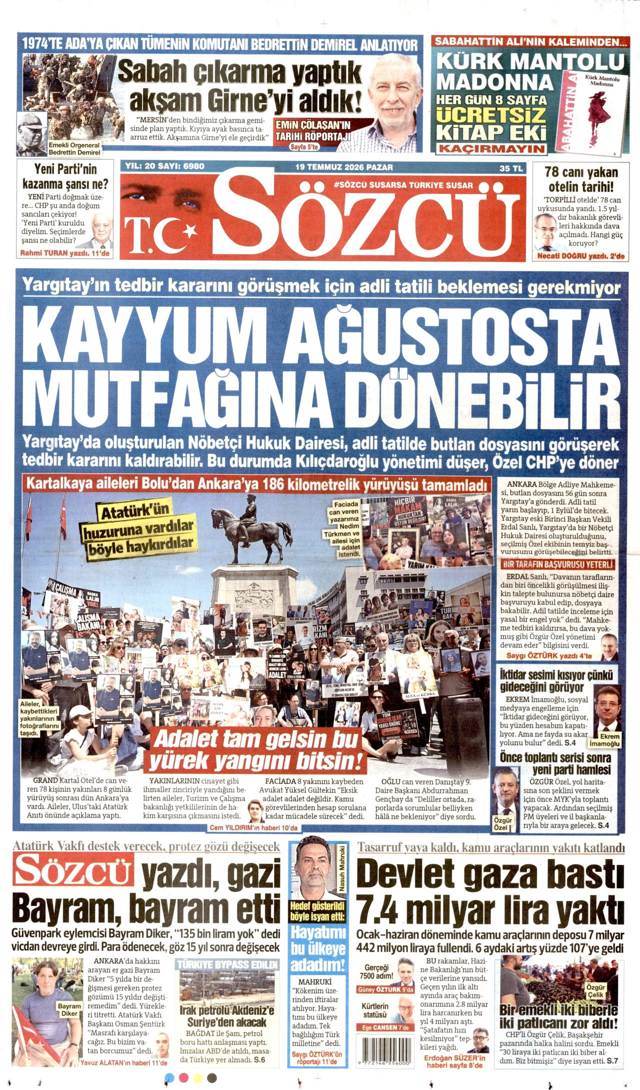 SÖZCÜ gazetesinin 19 Temmuz 2026 tarihli birinci sayfası