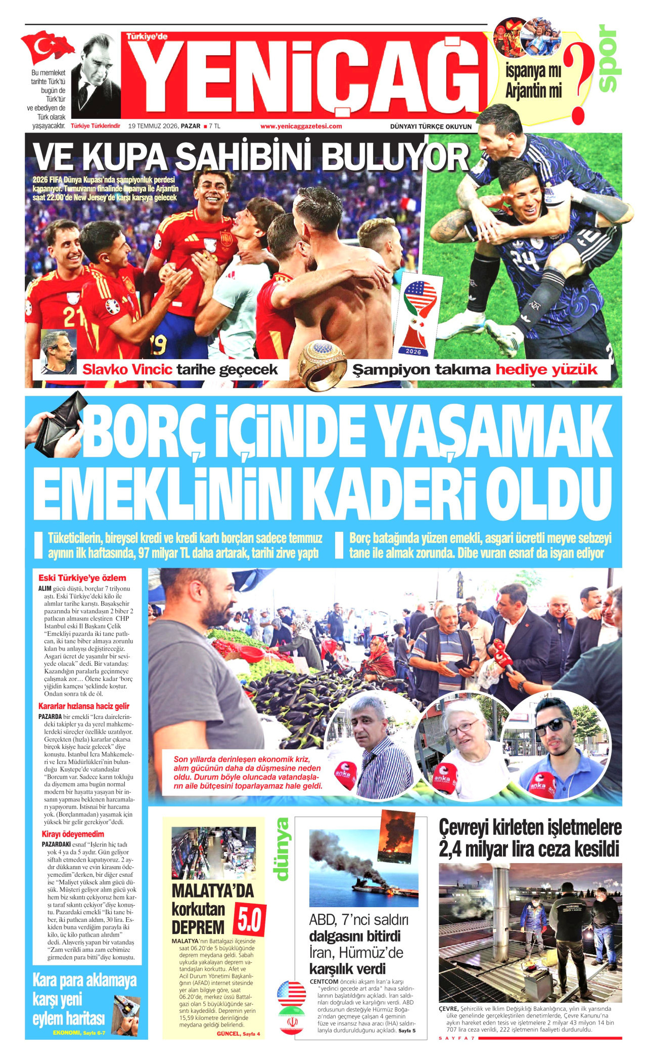 YENİÇAĞ gazetesinin 19 Temmuz 2026 tarihli birinci sayfası