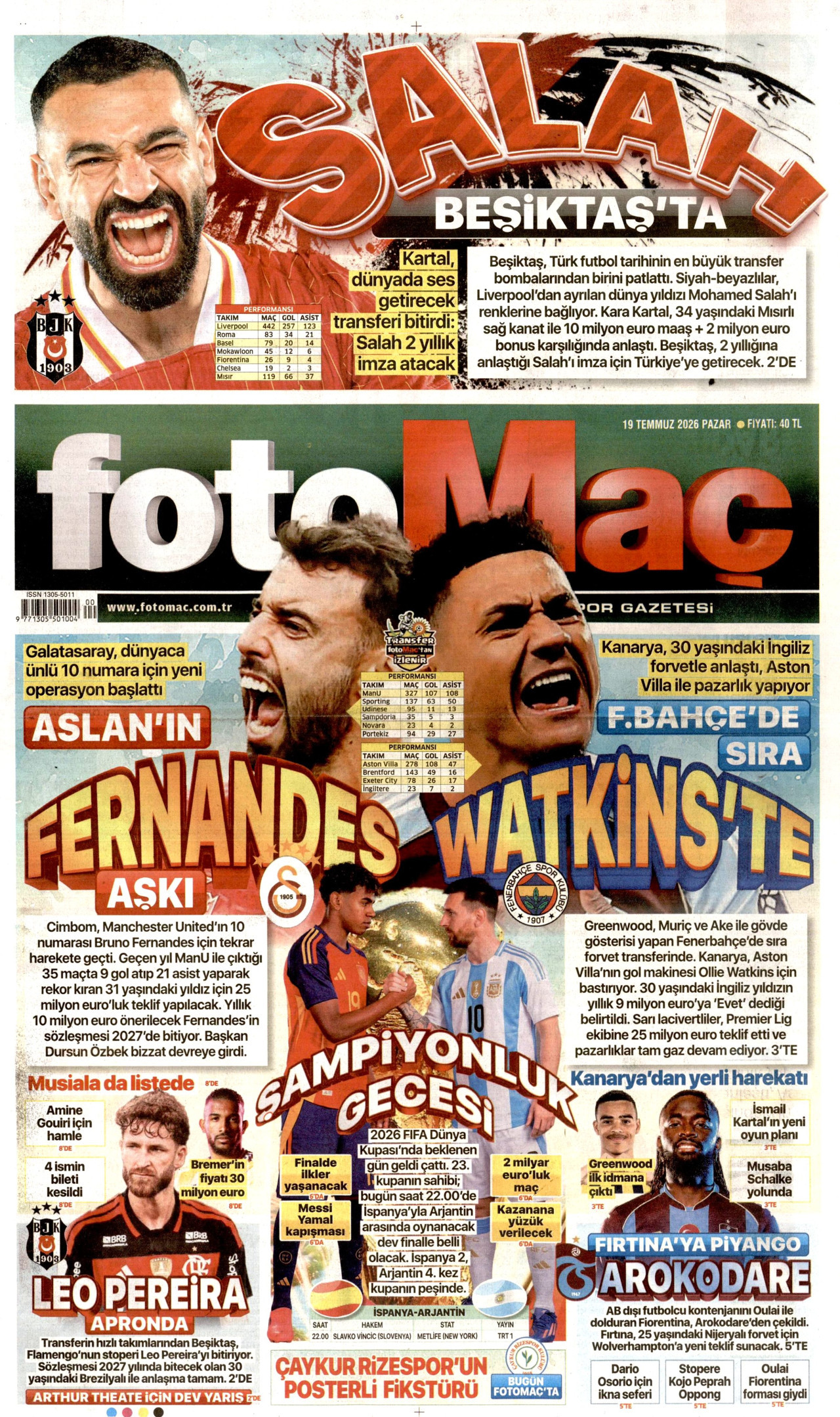 FOTOMAÇ gazetesinin 19 Temmuz 2026 tarihli birinci sayfası