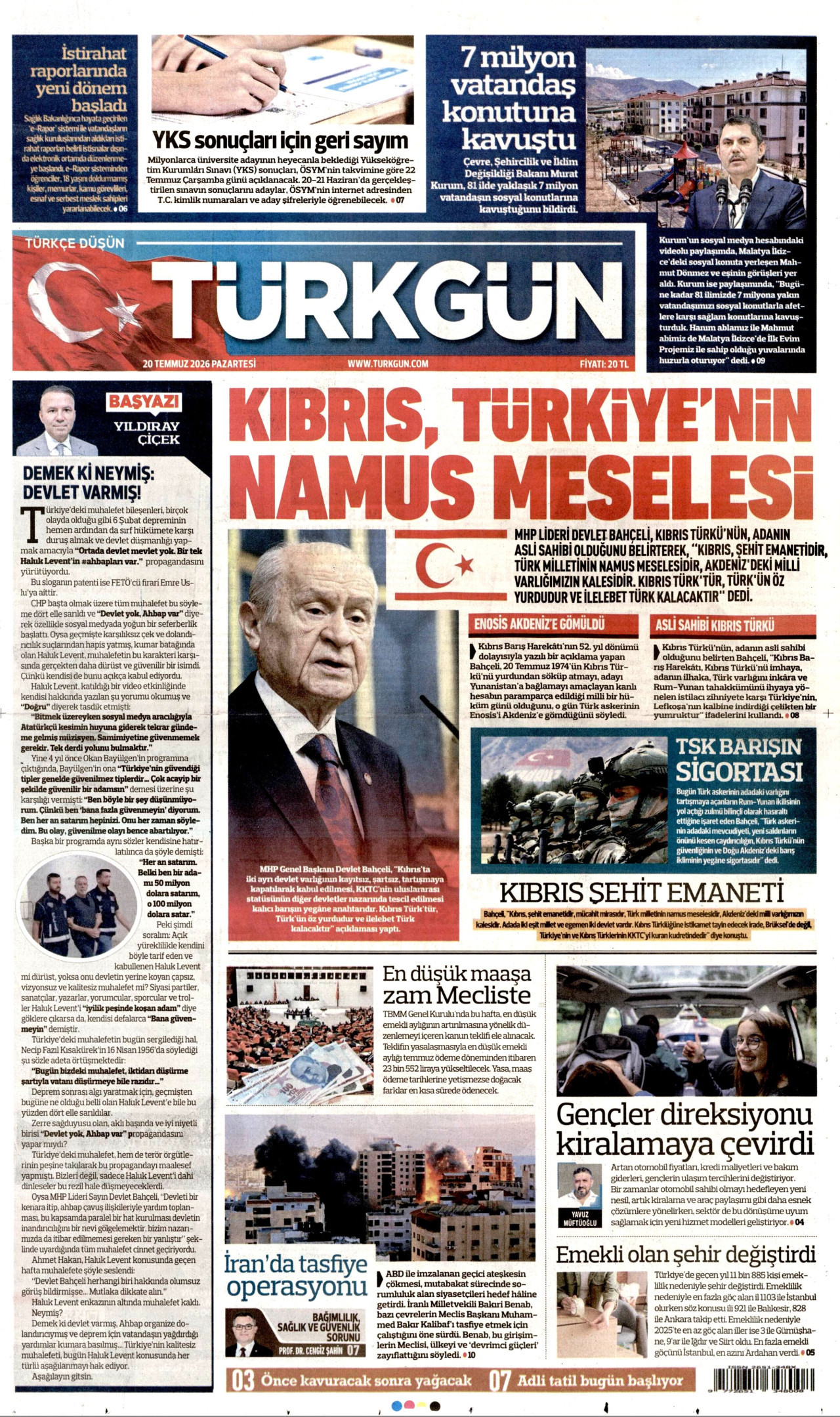 TÜRKGÜN gazetesinin 20 Temmuz 2026 tarihli birinci sayfası