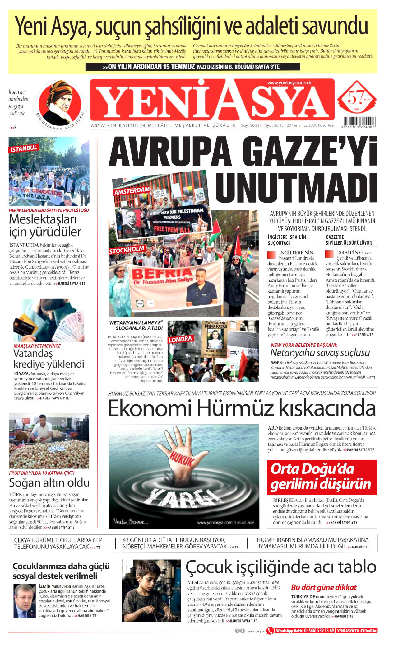 YENİ ASYA gazetesinin 20 Temmuz 2026 tarihli birinci sayfası