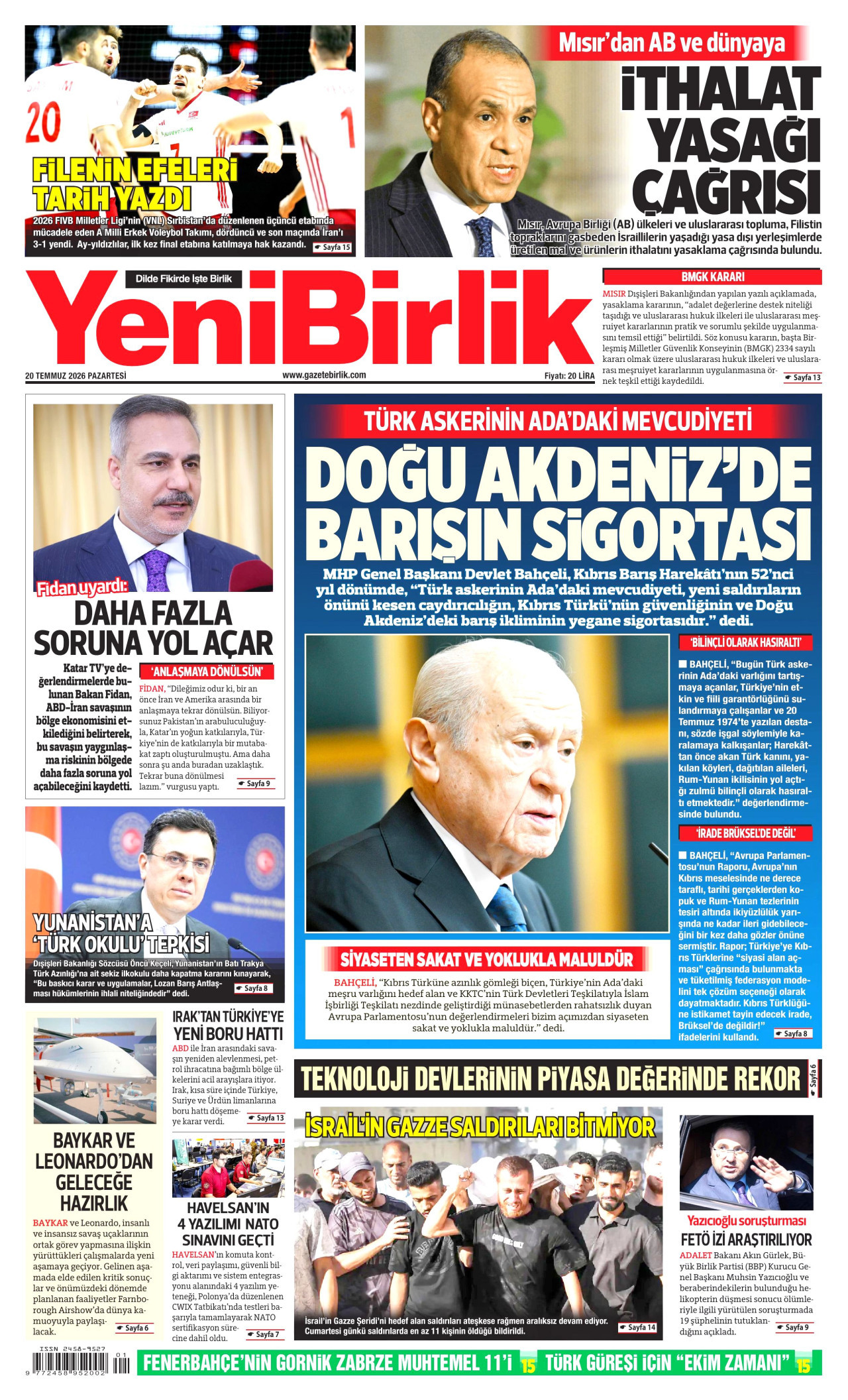 YENİBİRLİK gazetesinin 20 Temmuz 2026 tarihli birinci sayfası