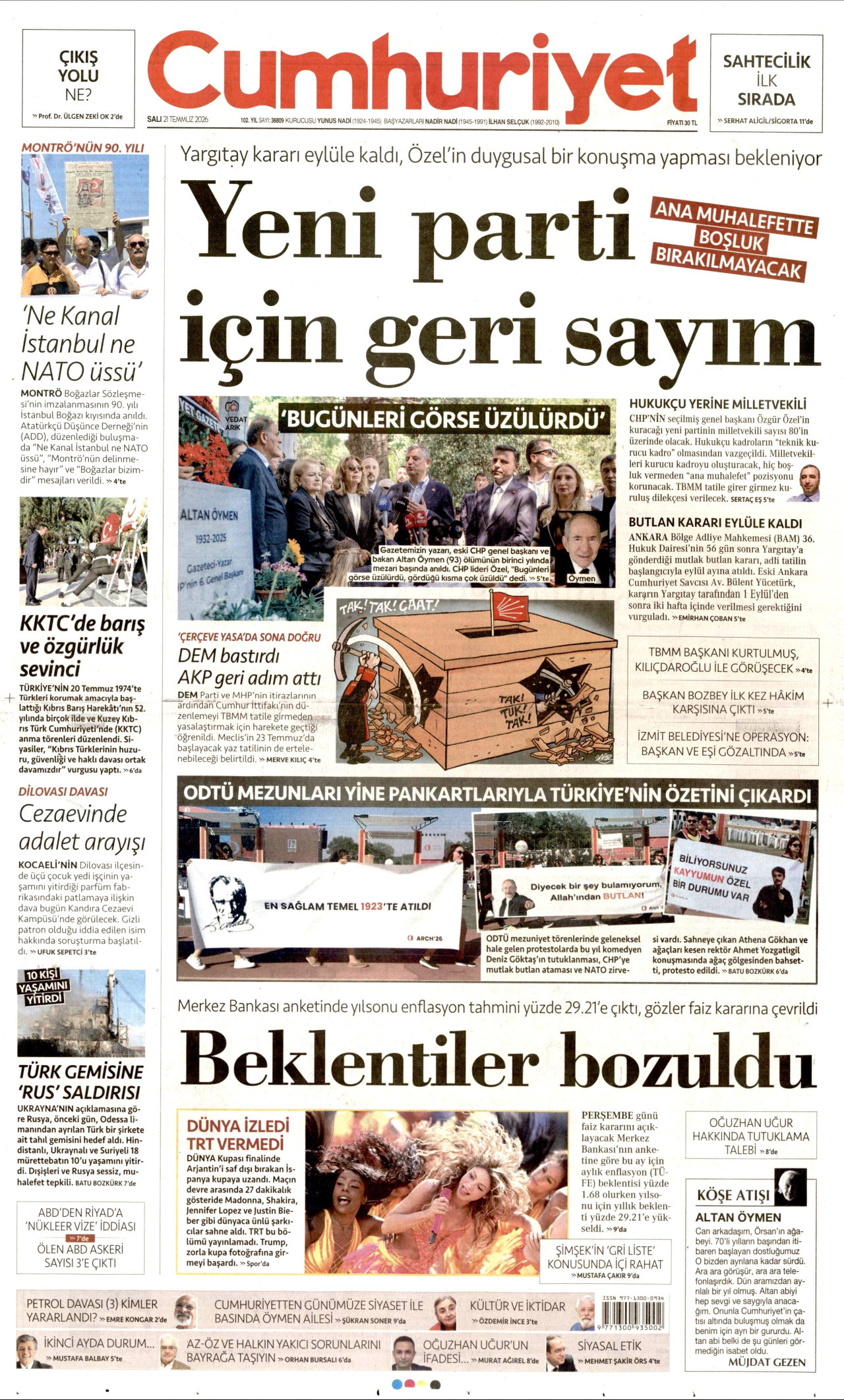 CUMHURİYET gazetesinin 21 Temmuz 2026 tarihli birinci sayfası