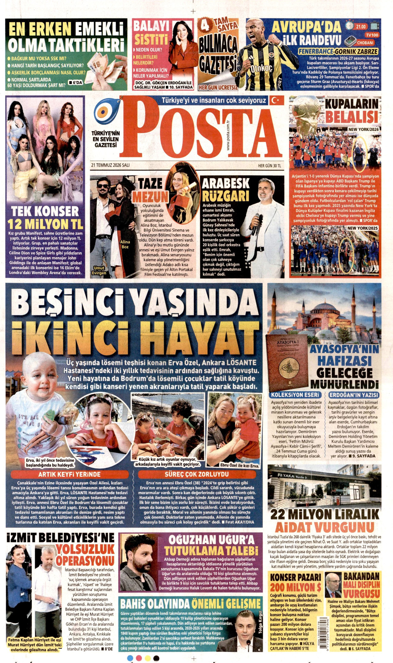 POSTA gazetesinin 21 Temmuz 2026 tarihli birinci sayfası