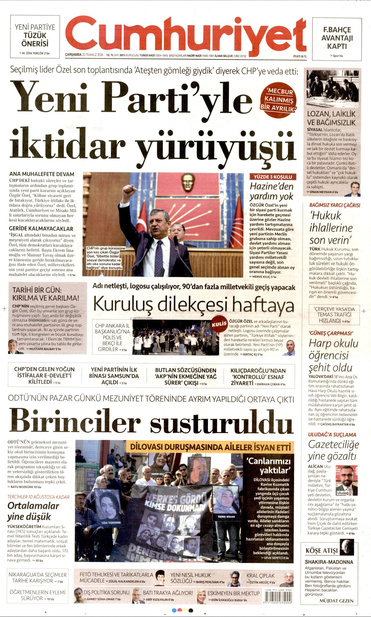 CUMHURİYET gazetesinin 22 Temmuz 2026 tarihli birinci sayfası