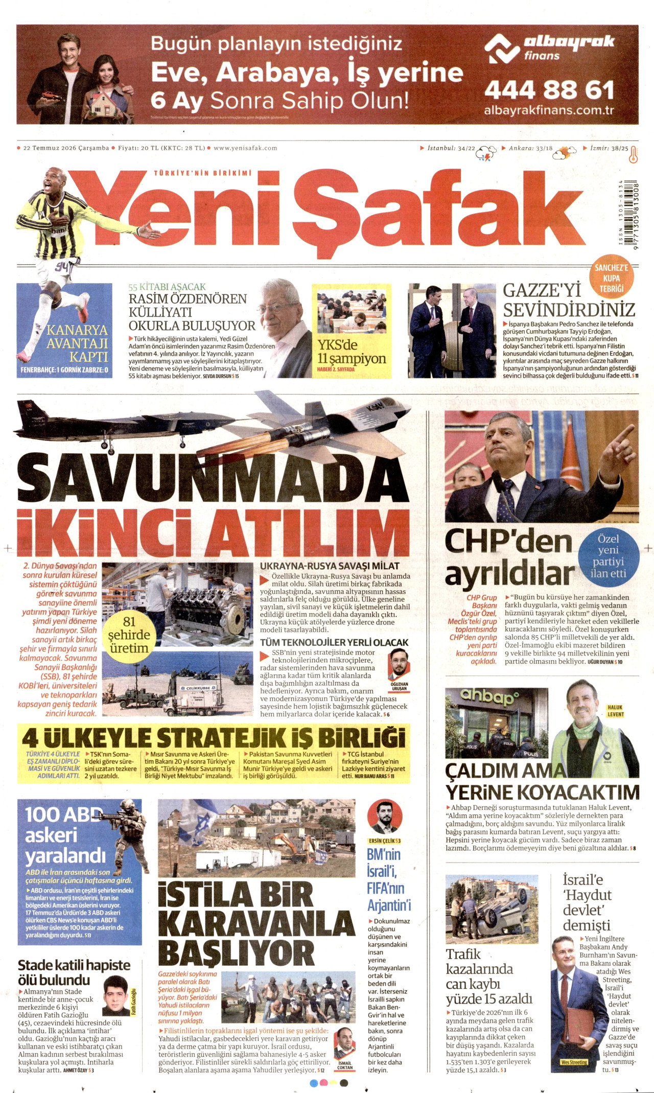 YENİ ŞAFAK gazetesinin 22 Temmuz 2026 tarihli birinci sayfası