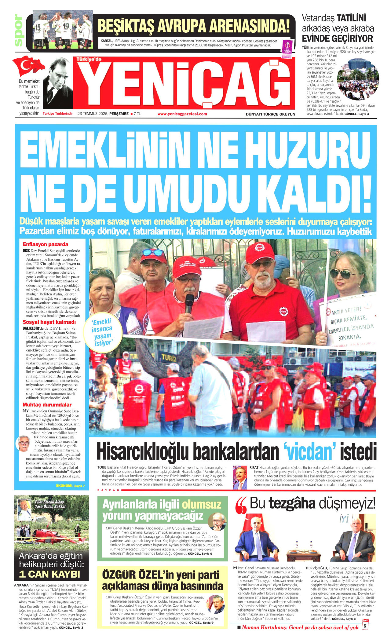 YENİÇAĞ gazetesinin 23 Temmuz 2026 tarihli birinci sayfası