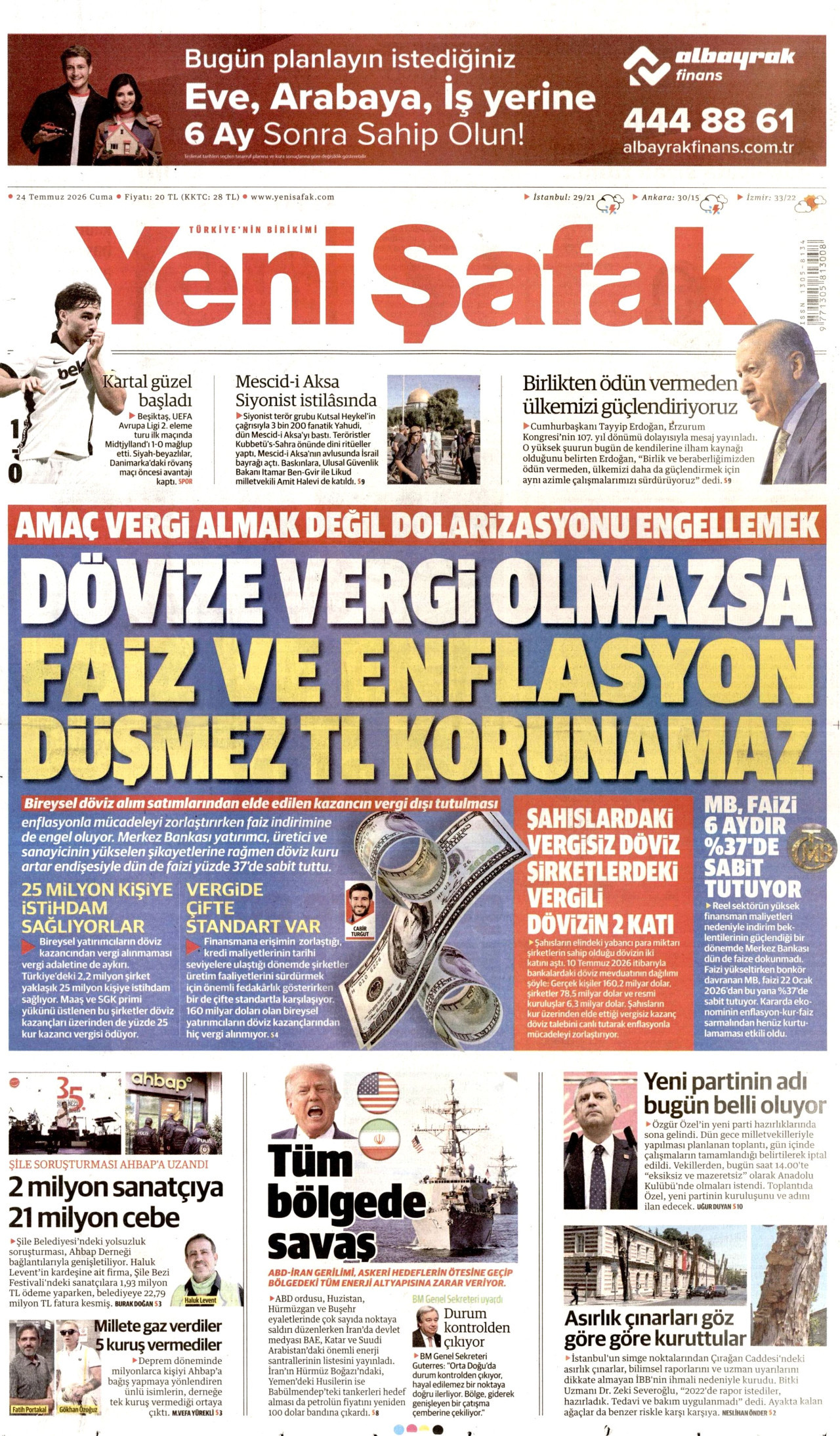 YENİ ŞAFAK gazetesinin 24 Temmuz 2026 tarihli birinci sayfası