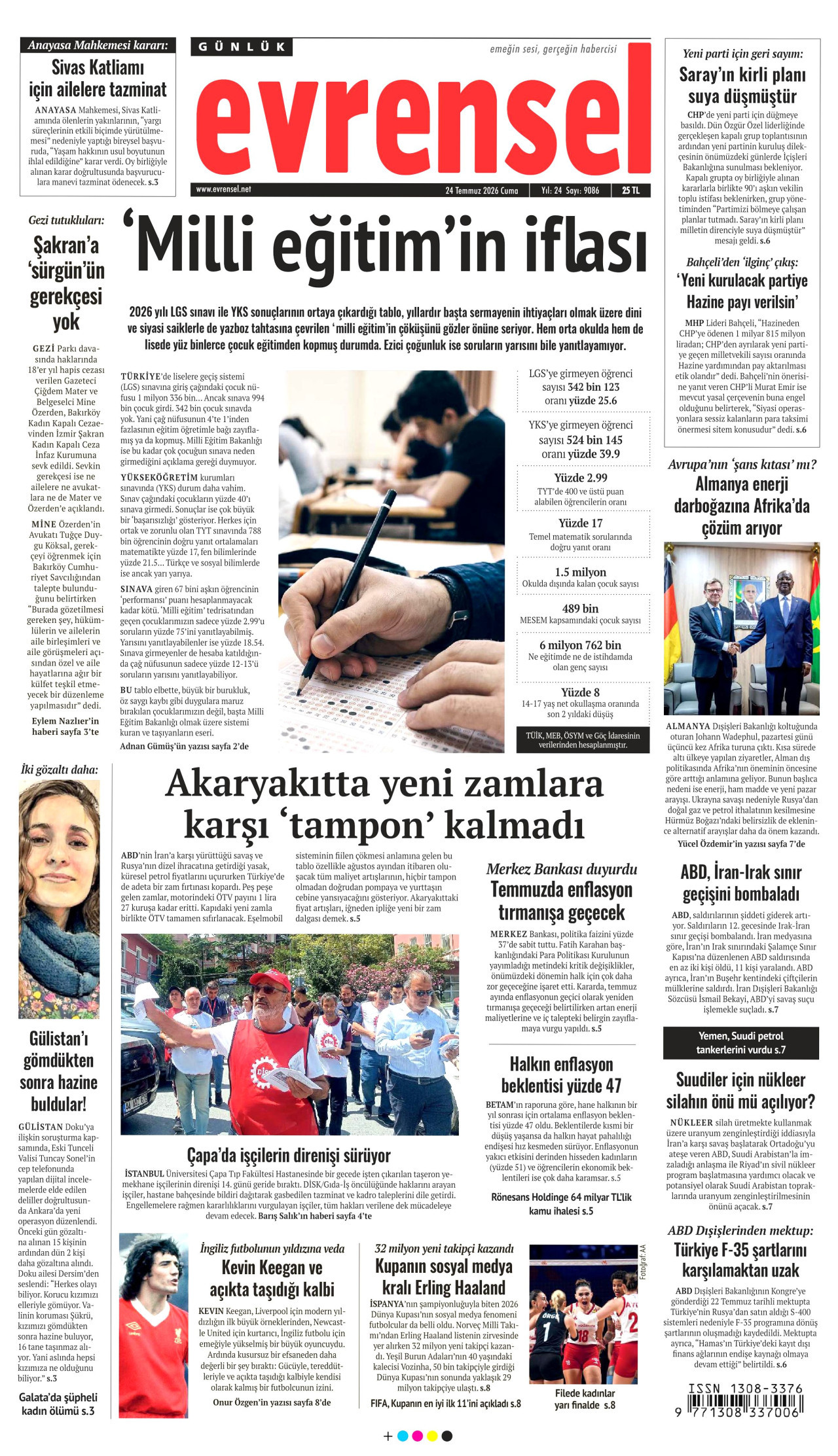 EVRENSEL gazetesinin 24 Temmuz 2026 tarihli birinci sayfası
