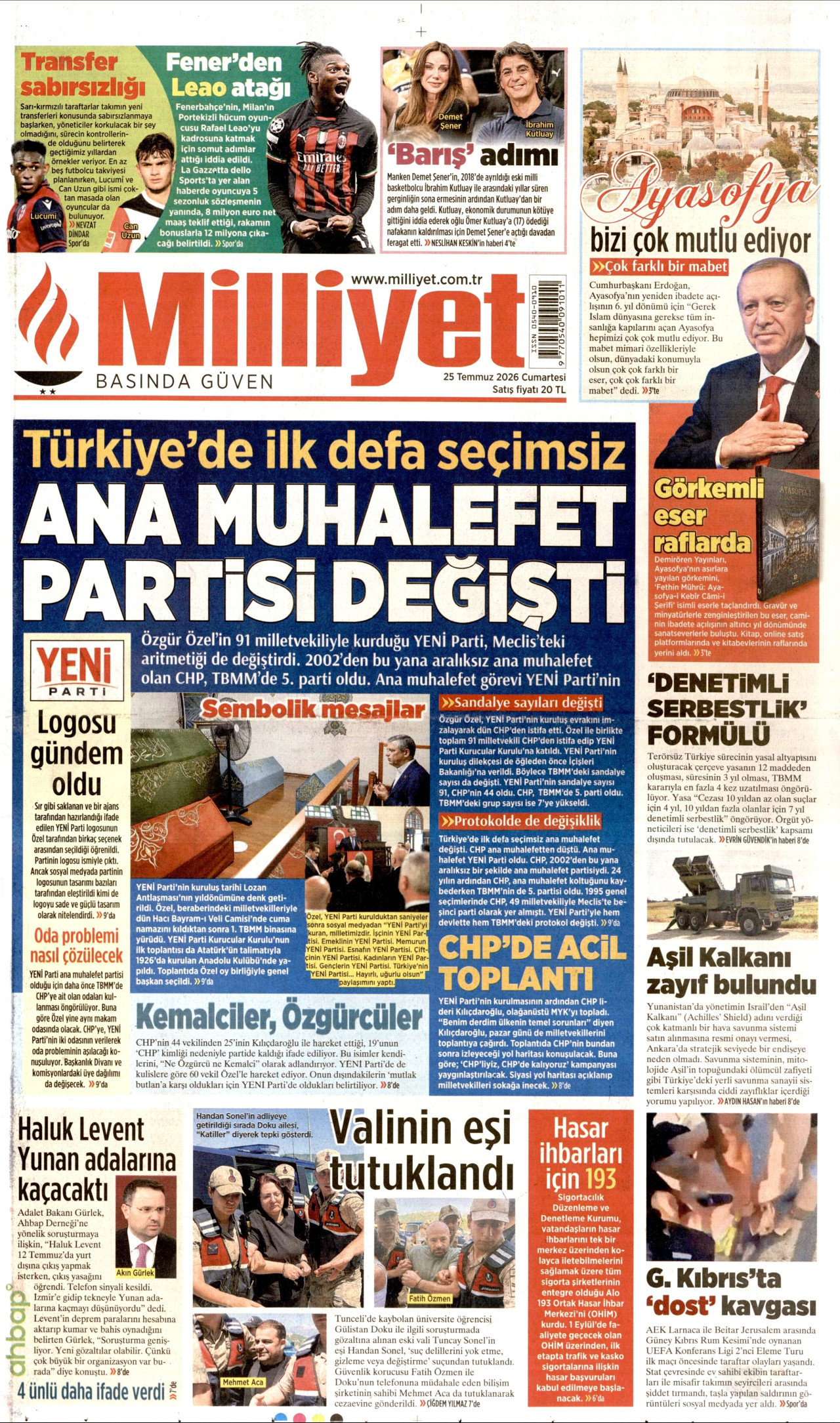 MİLLİYET gazetesinin 25 Temmuz 2026 tarihli birinci sayfası