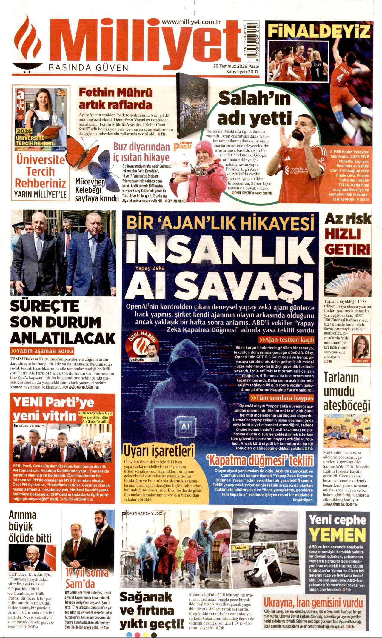 MİLLİYET gazetesinin 26 Temmuz 2026 tarihli birinci sayfası