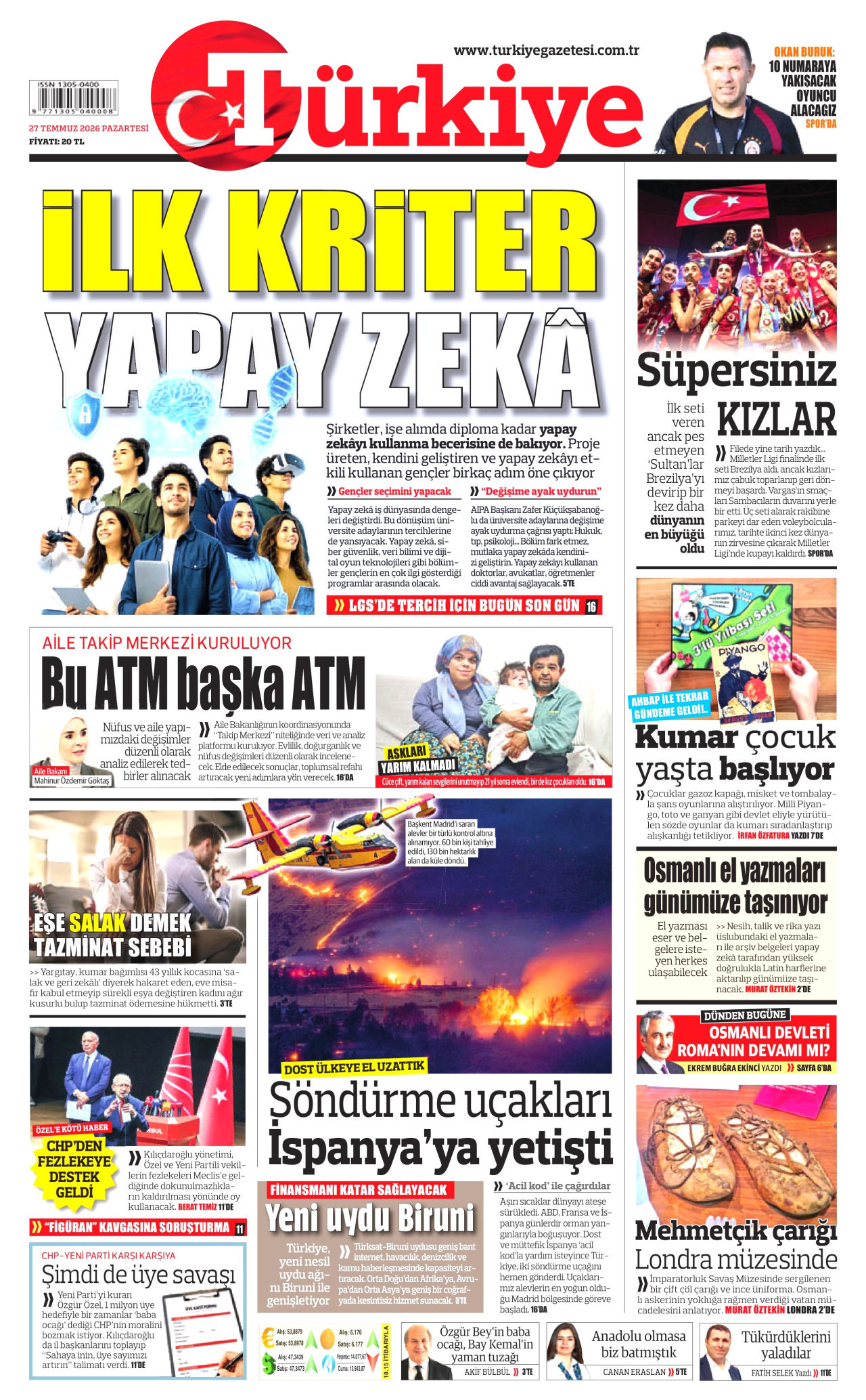TÜRKİYE GAZETESİ gazetesinin 27 Temmuz 2026 tarihli birinci sayfası