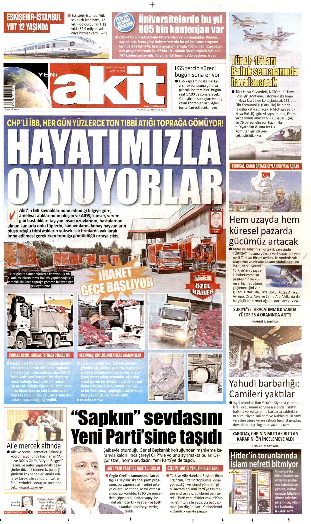 YENİ AKİT gazetesinin 27 Temmuz 2026 tarihli birinci sayfası