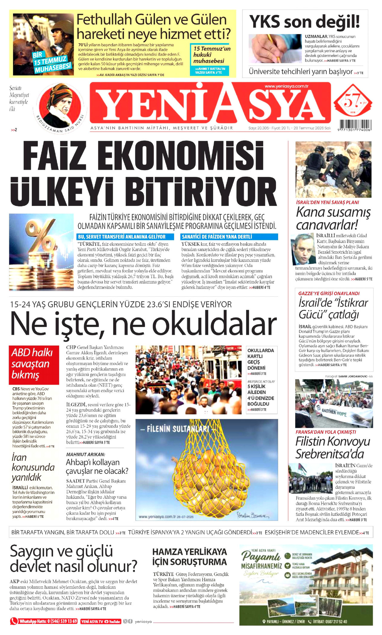 YENİ ASYA gazetesinin 28 Temmuz 2026 tarihli birinci sayfası