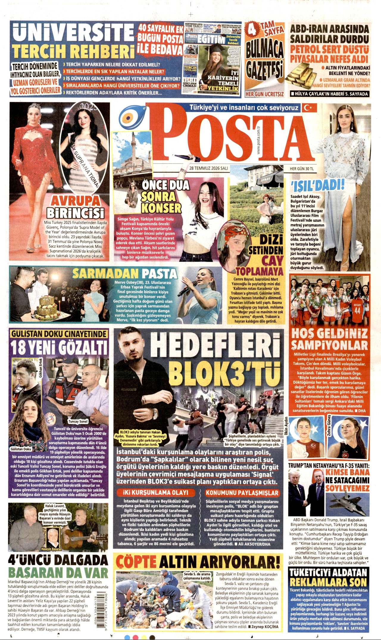 POSTA gazetesinin 28 Temmuz 2026 tarihli birinci sayfası