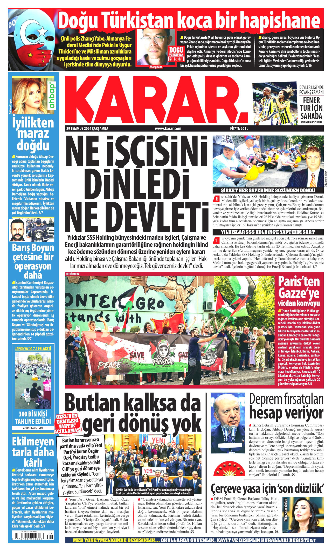 KARAR gazetesinin 29 Temmuz 2026 tarihli birinci sayfası