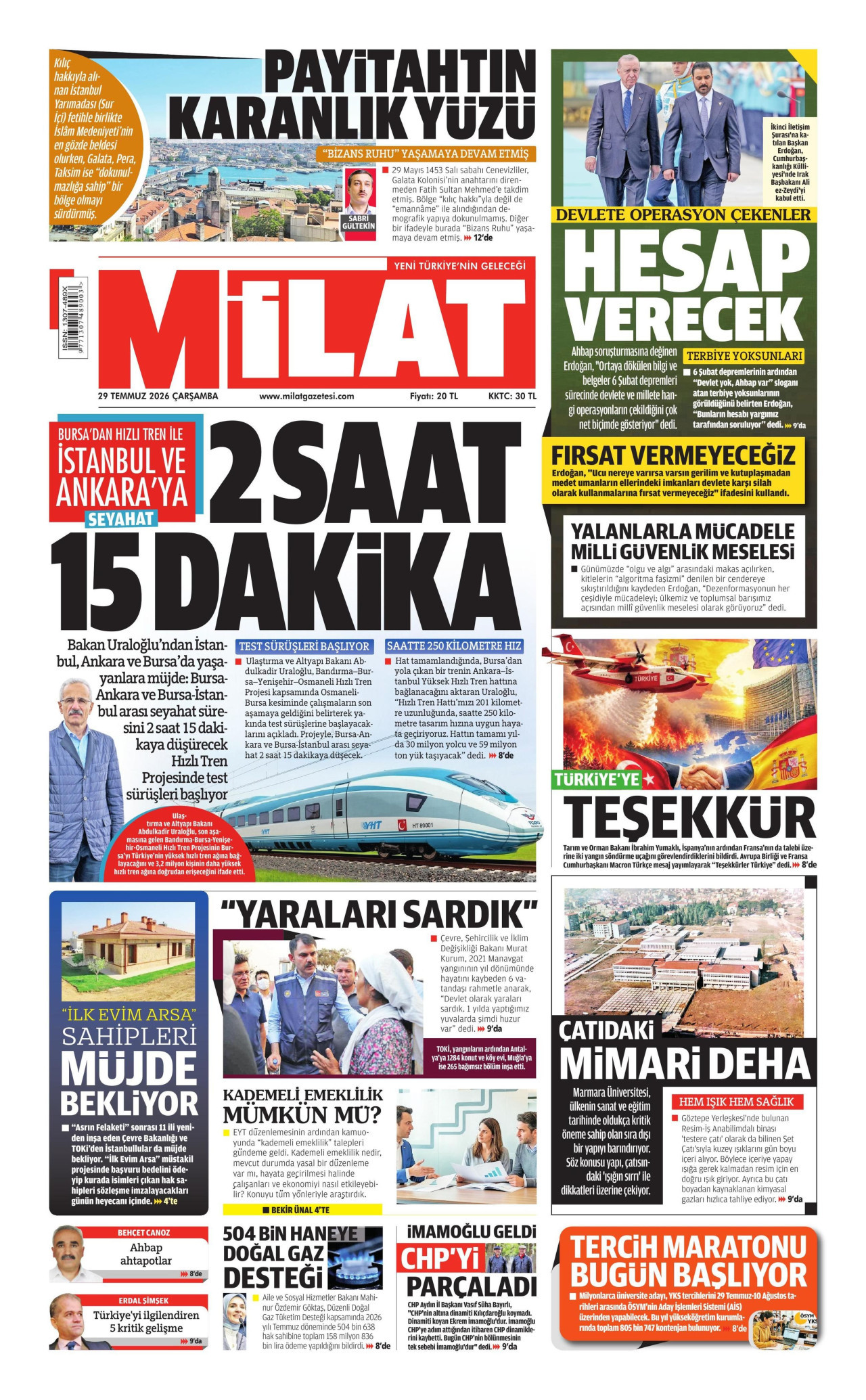 MİLAT gazetesinin 29 Temmuz 2026 tarihli birinci sayfası
