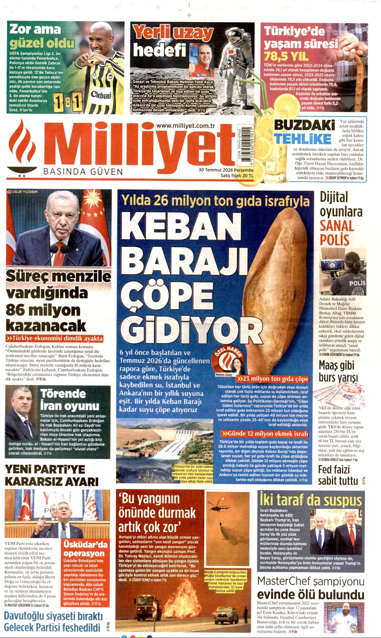 MİLLİYET gazetesinin 30 Temmuz 2026 tarihli birinci sayfası